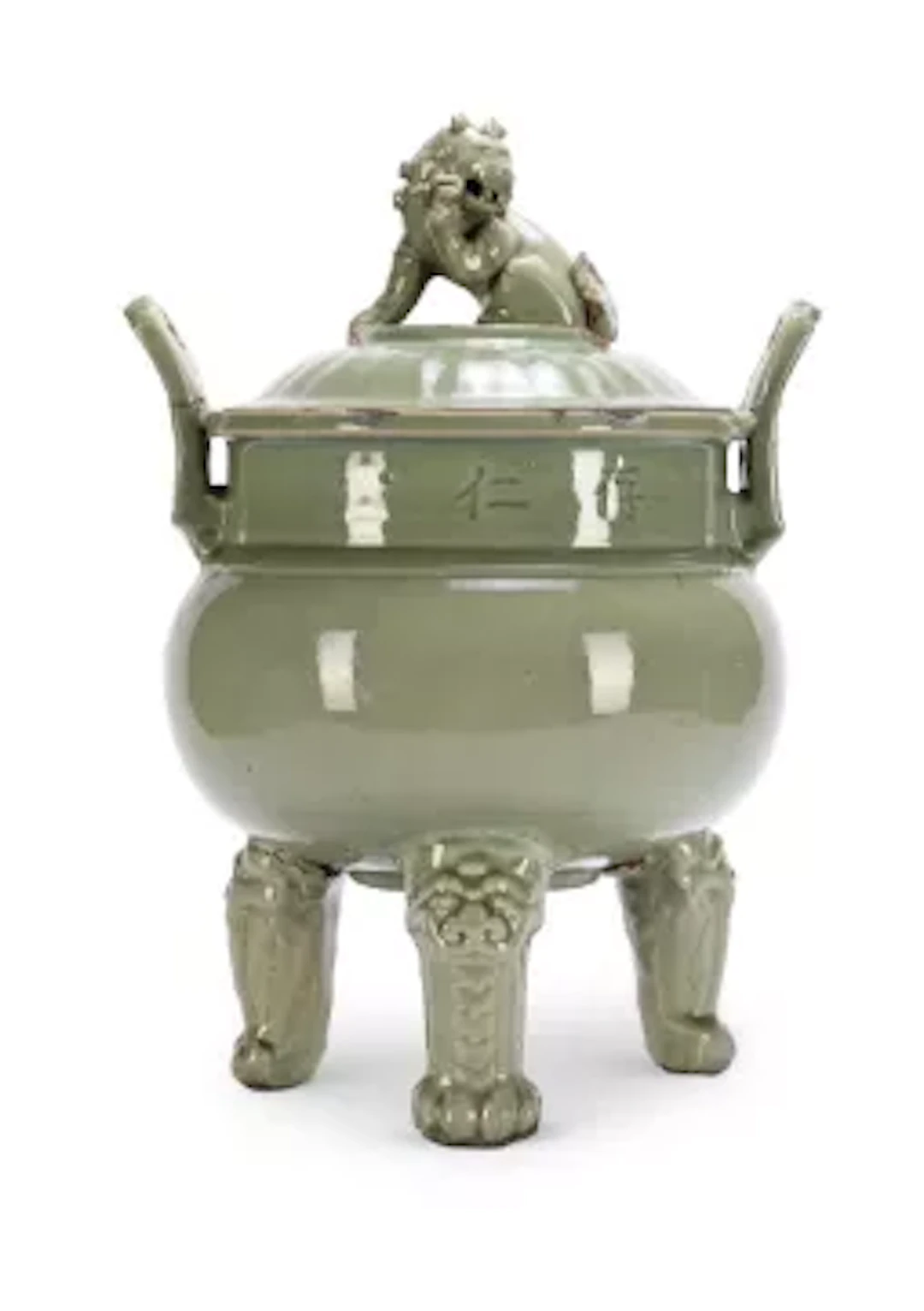 A large and unusual Chinese Longquan celadon inscribed tripod censer