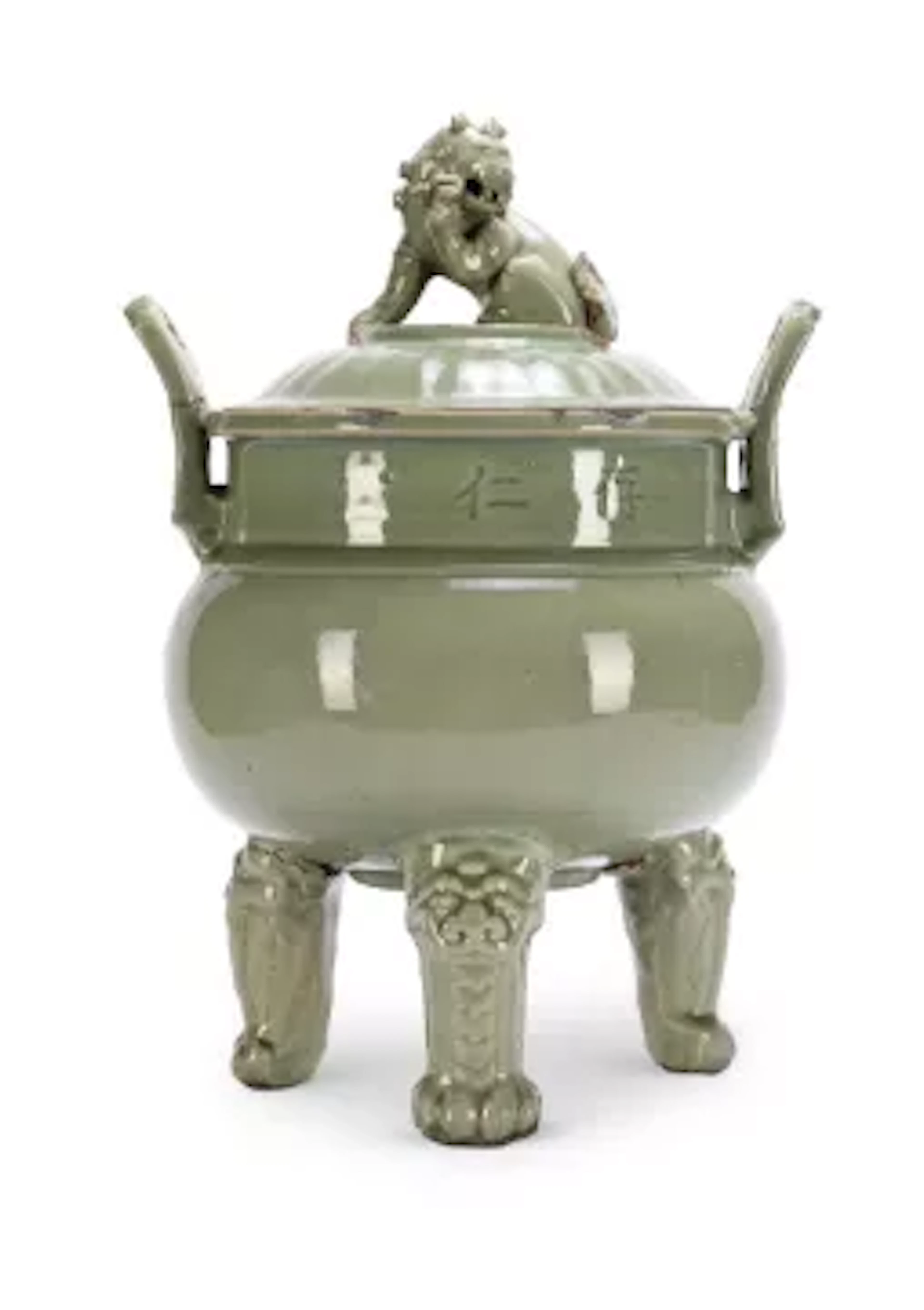 A large and unusual Chinese Longquan celadon inscribed tripod censer