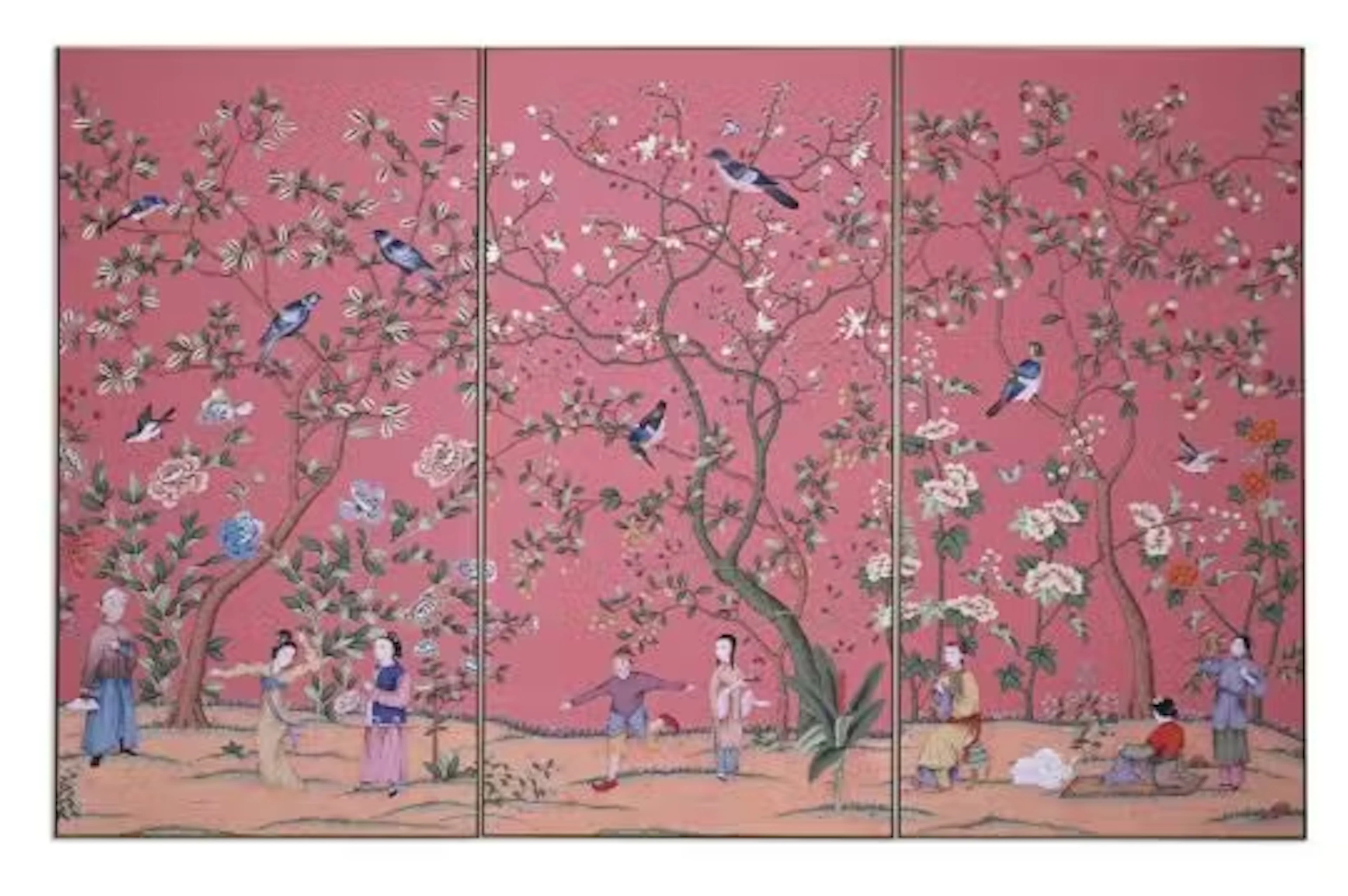 A SET OF THREE 'ABBOTSFORD' CHINOISERIE PATTERN PANELS HAND PAINTED