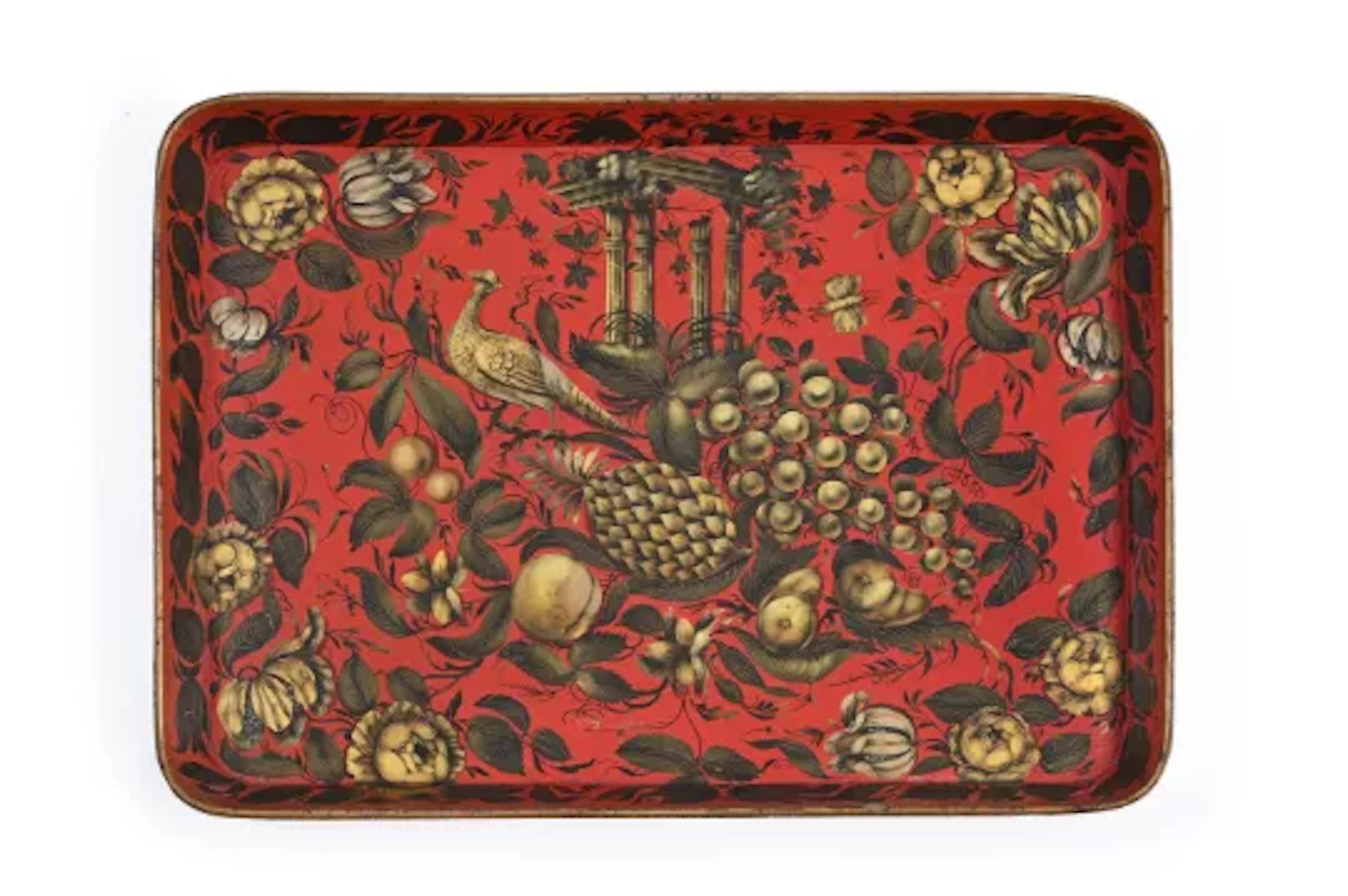 A REGENCY GILT AND RED JAPANNED TRAY, IN THE MANNER OF HENRY CLAY