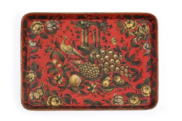 A REGENCY GILT AND RED JAPANNED TRAY, IN THE MANNER OF HENRY CLAY