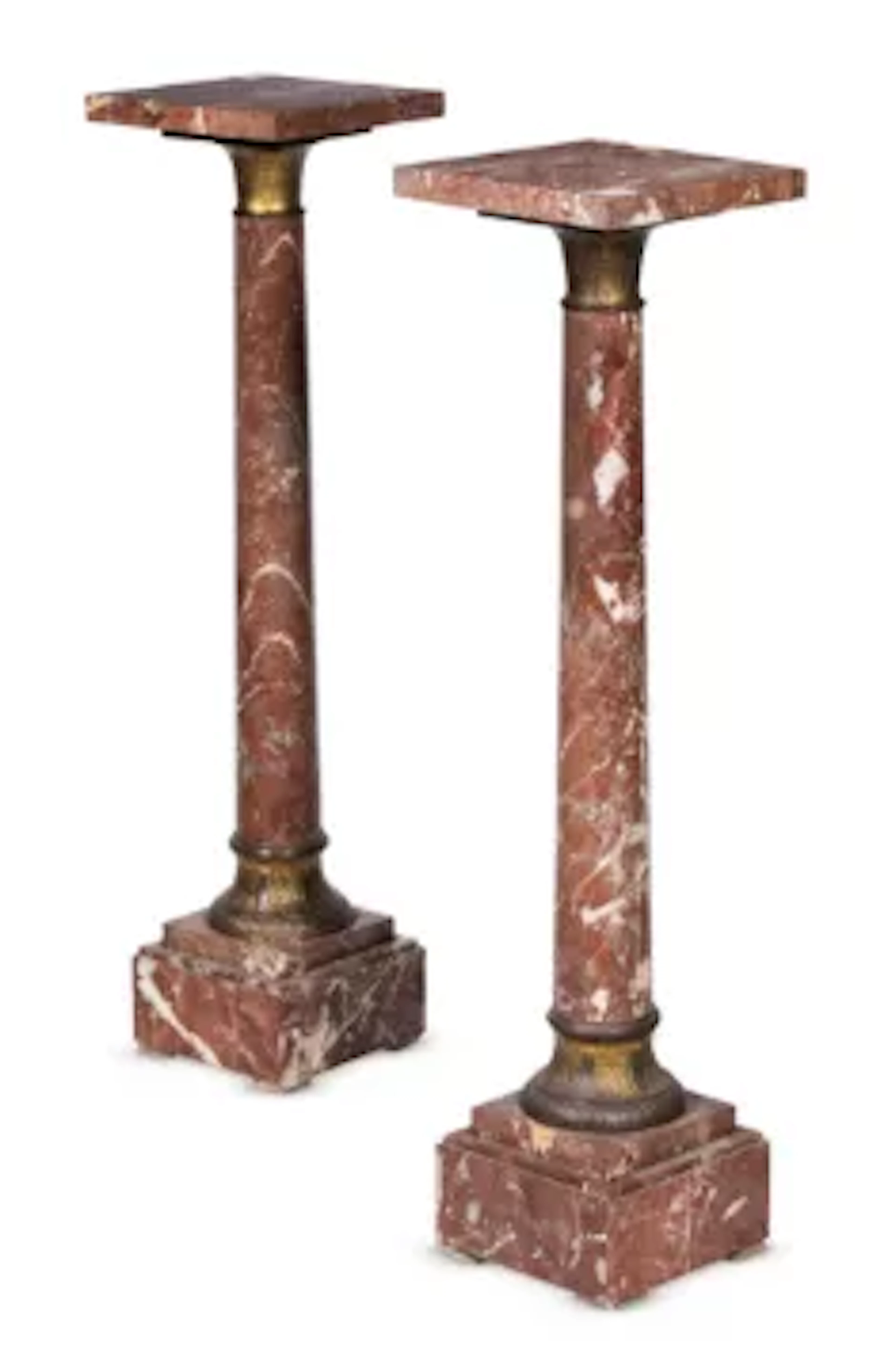 A PAIR OF GILT BRASS MOUNTED MARBLE PEDESTAL COLUMNS, EARLY 20TH CENTURY