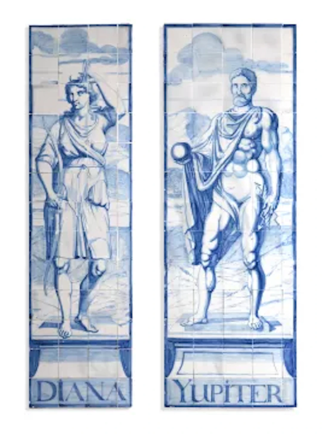 A LARGE PAIR OF DUTCH DELFT BLUE AND WHITE MYTHOLOGICAL TILE PANELS