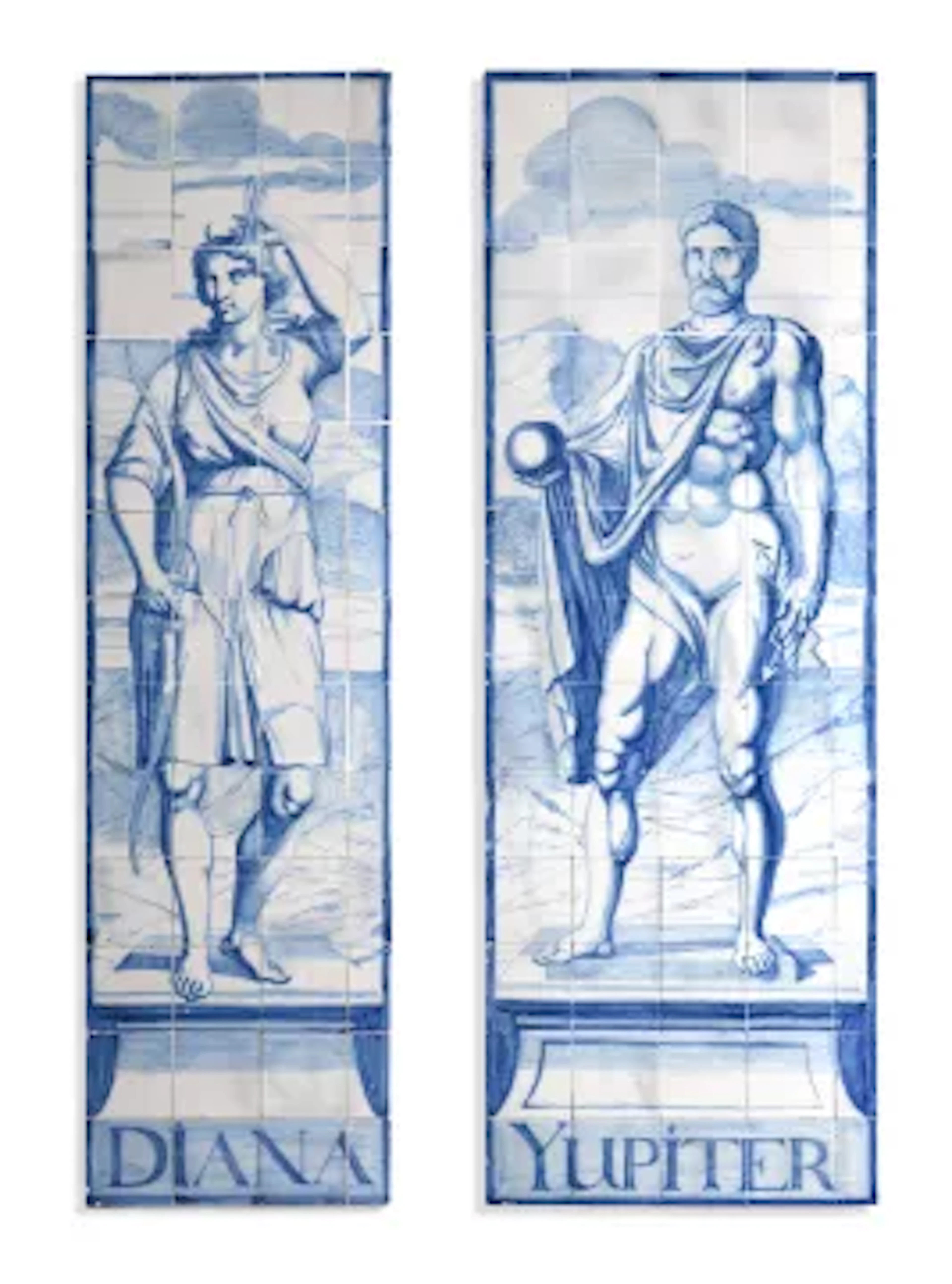 A LARGE PAIR OF DUTCH DELFT BLUE AND WHITE MYTHOLOGICAL TILE PANELS