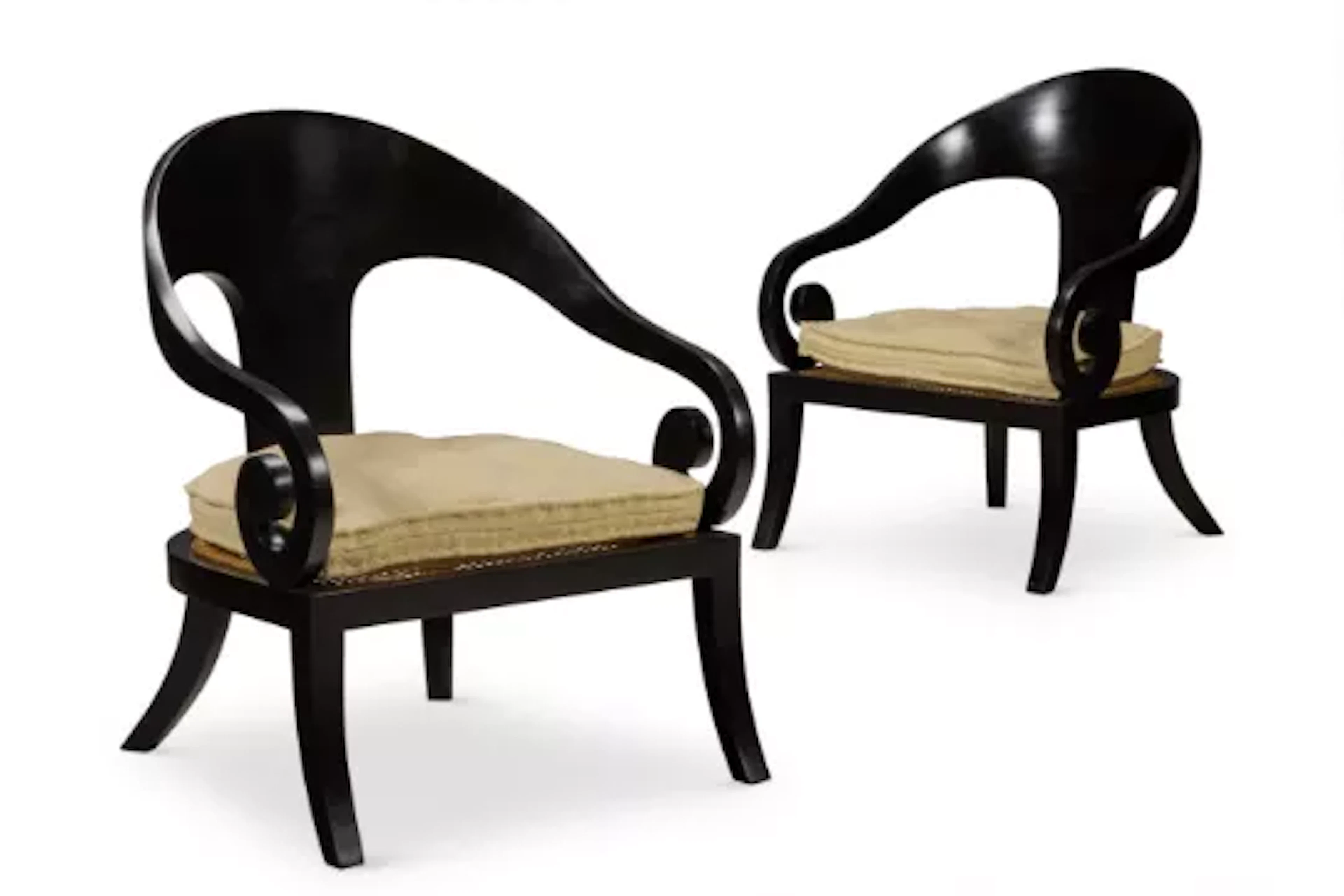 Y A PAIR OF EBONISED TEAK SPOONBACK ARMCHAIRS, INDIAN, MODERN