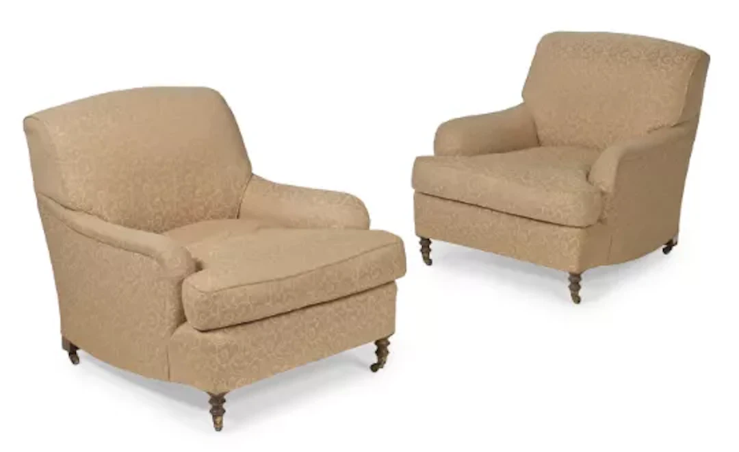 A PAIR OF BEECHWOOD FRAMED TRADITIONAL UPHOLSTERED ARMCHAIRS, POSSIBLY