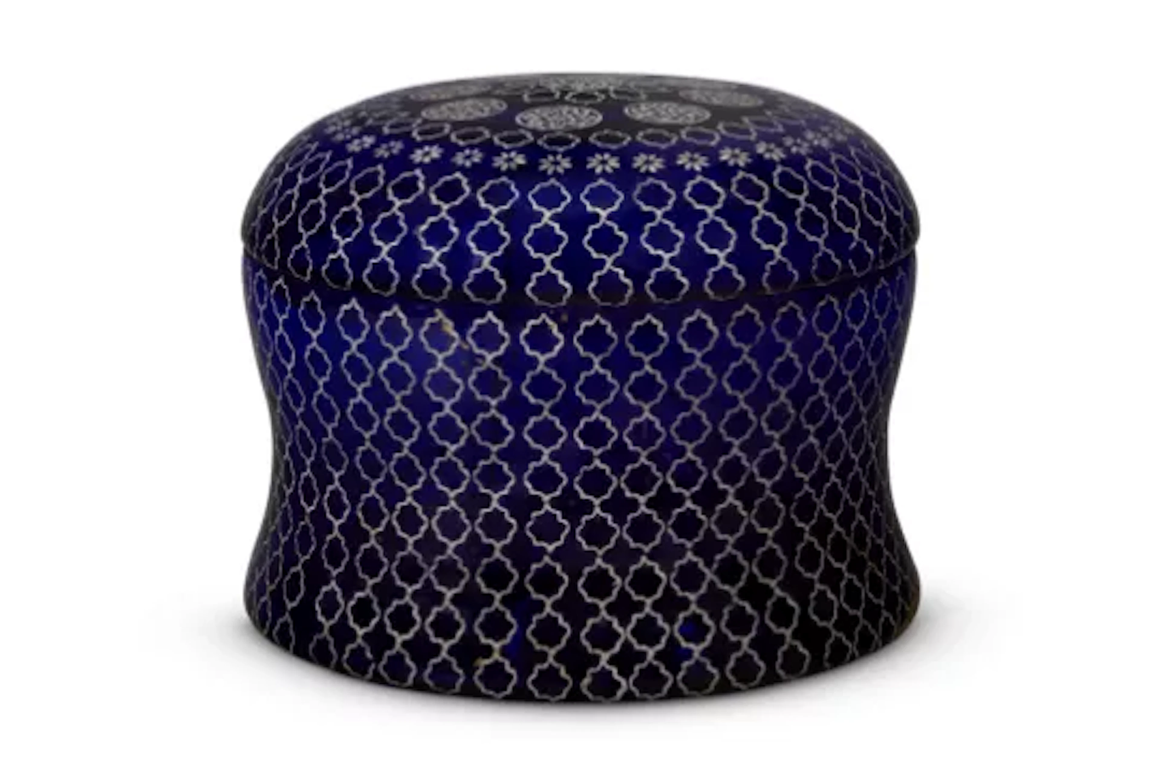 A BLUE-GLASS ROUND BOX AND COVER, POSSIBLY BEYKOZ, 20TH CENTURY