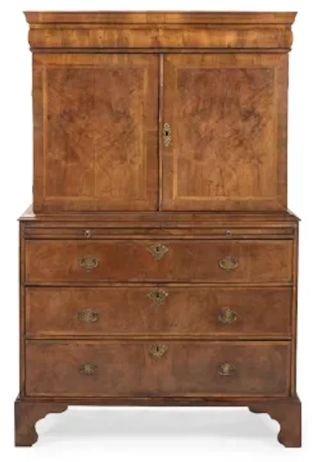 A QUEEN ANNE WALNUT AND FEATHERBANDED CABINET ON CHEST, CIRCA 1710