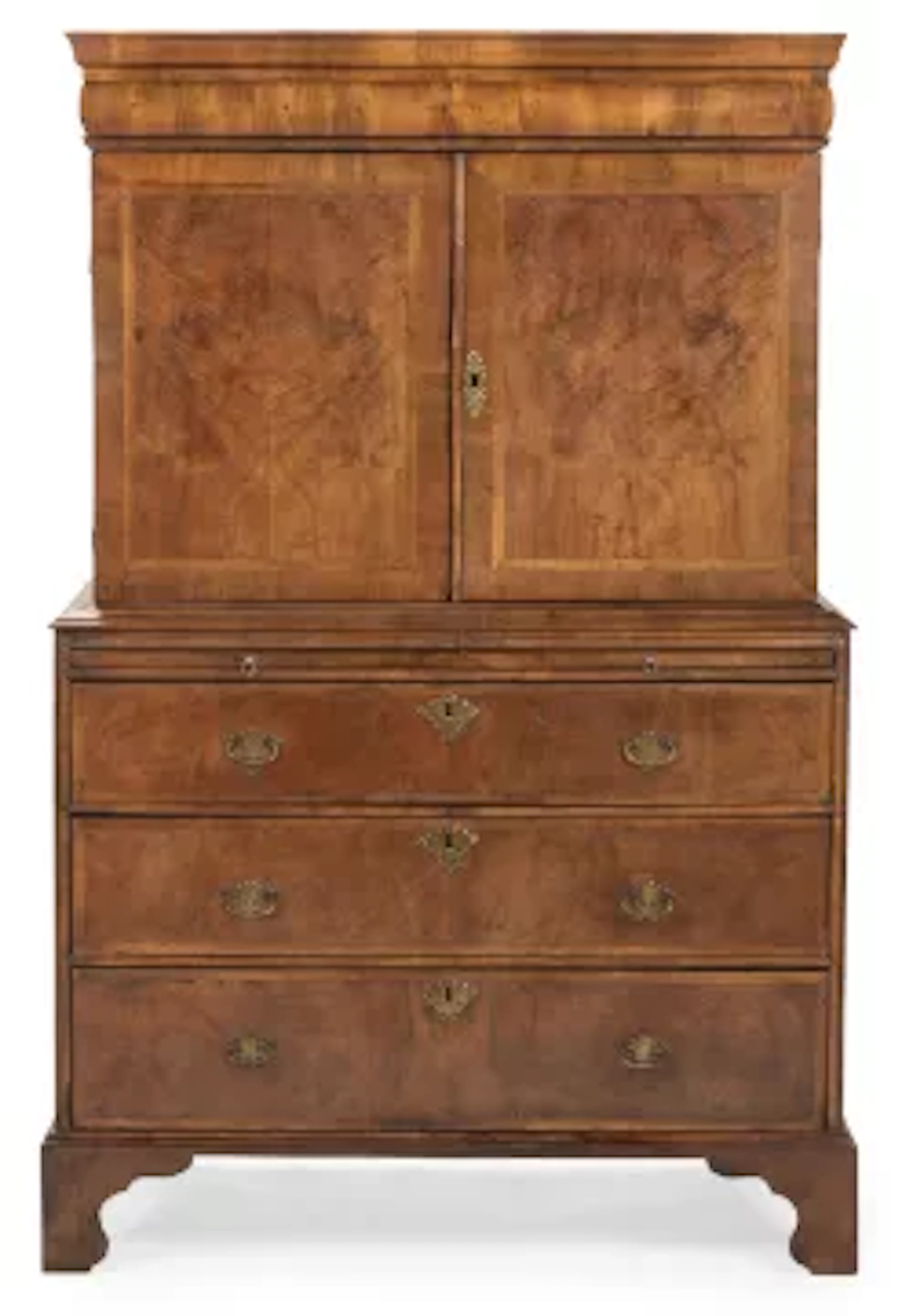 A QUEEN ANNE WALNUT AND FEATHERBANDED CABINET ON CHEST, CIRCA 1710