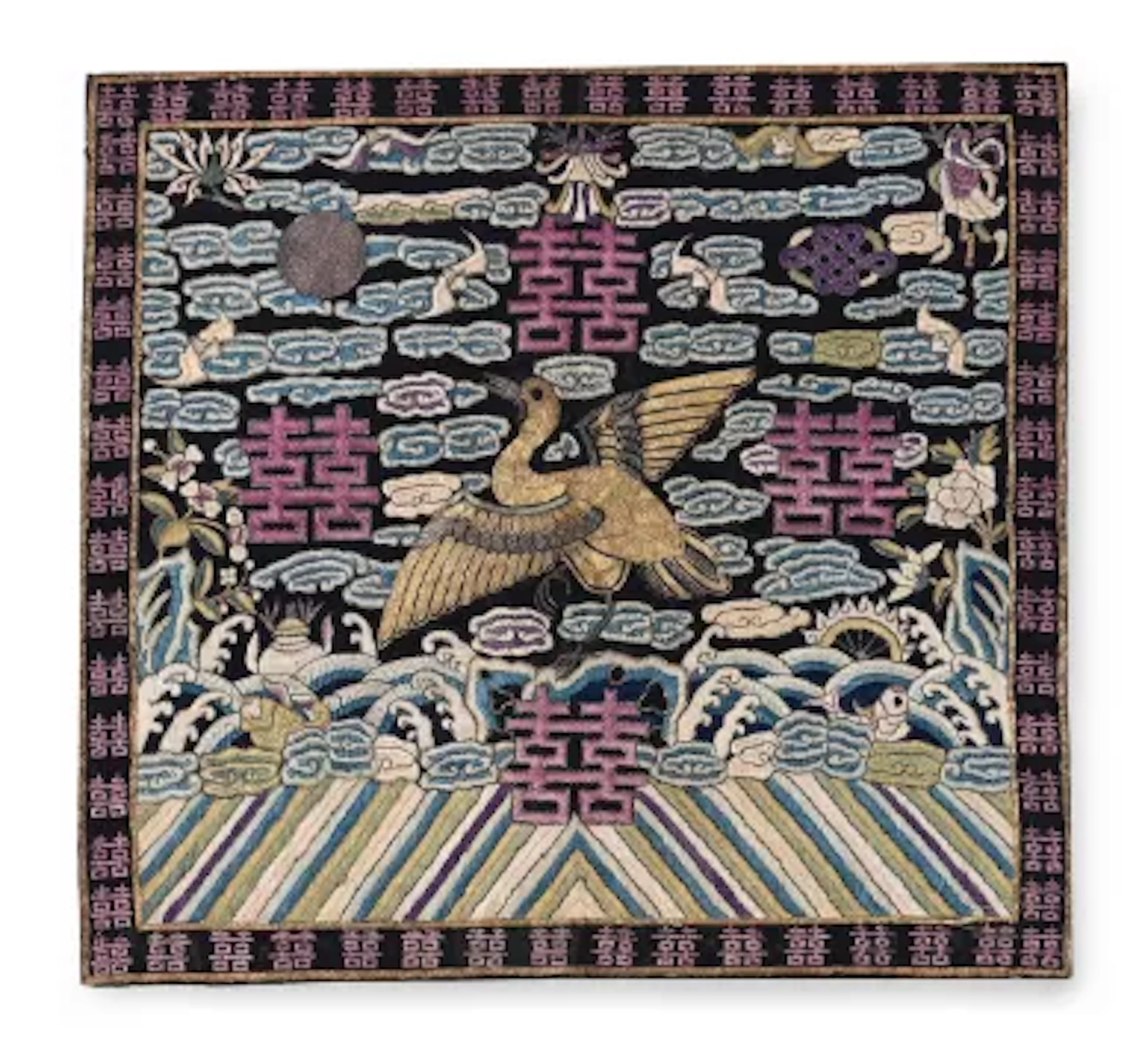 An unusual Mandarin's 'golden goose' silk rank badge, Qing dynasty