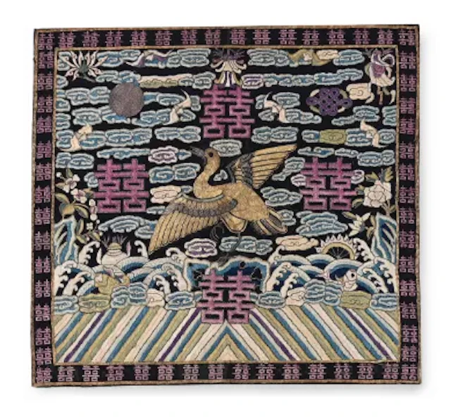An unusual Mandarin's 'golden goose' silk rank badge, Qing dynasty