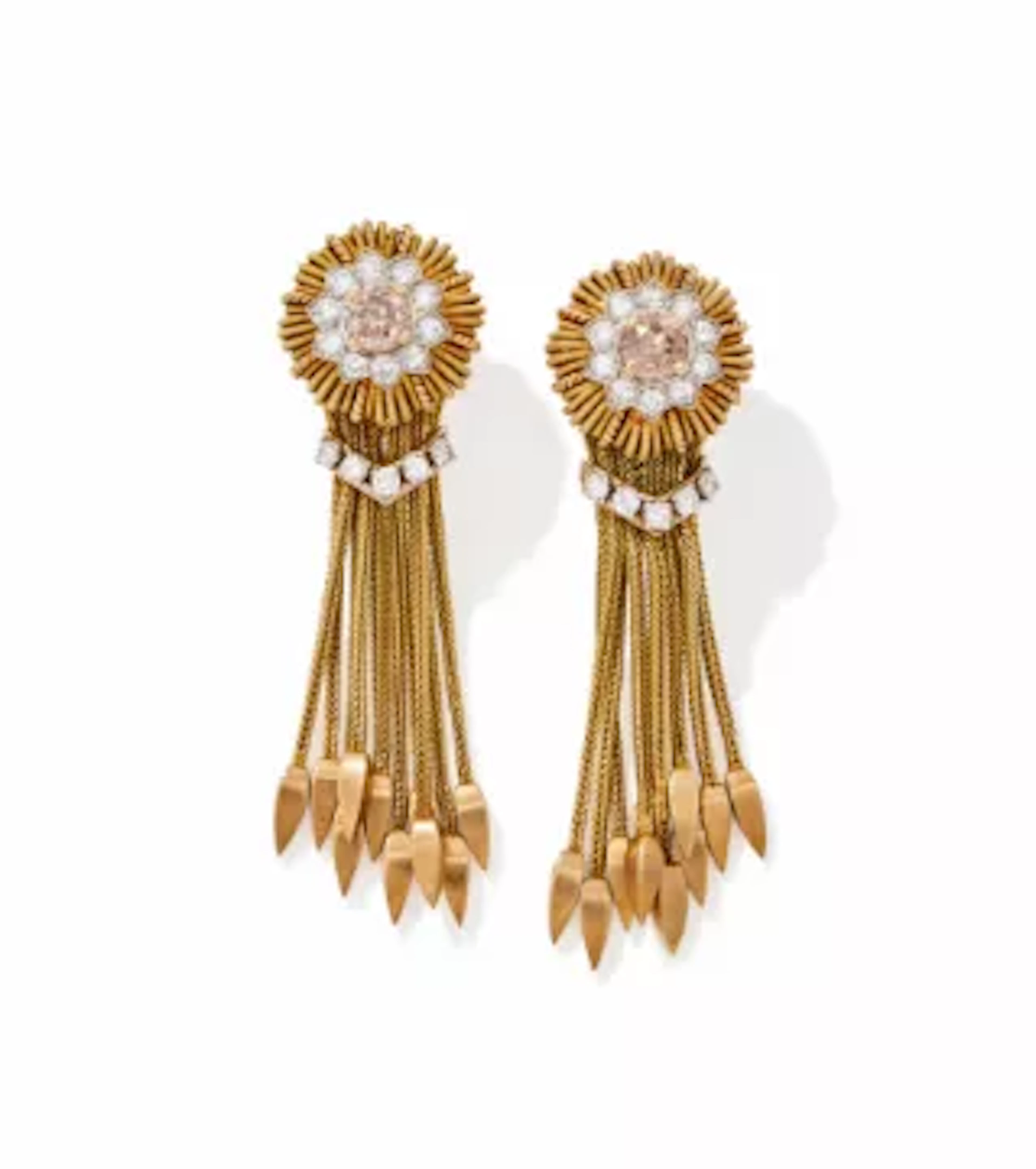 MARCHAK, A PAIR OF COLOURED DIAMOND AND DIAMOND PENDANT EARRINGS