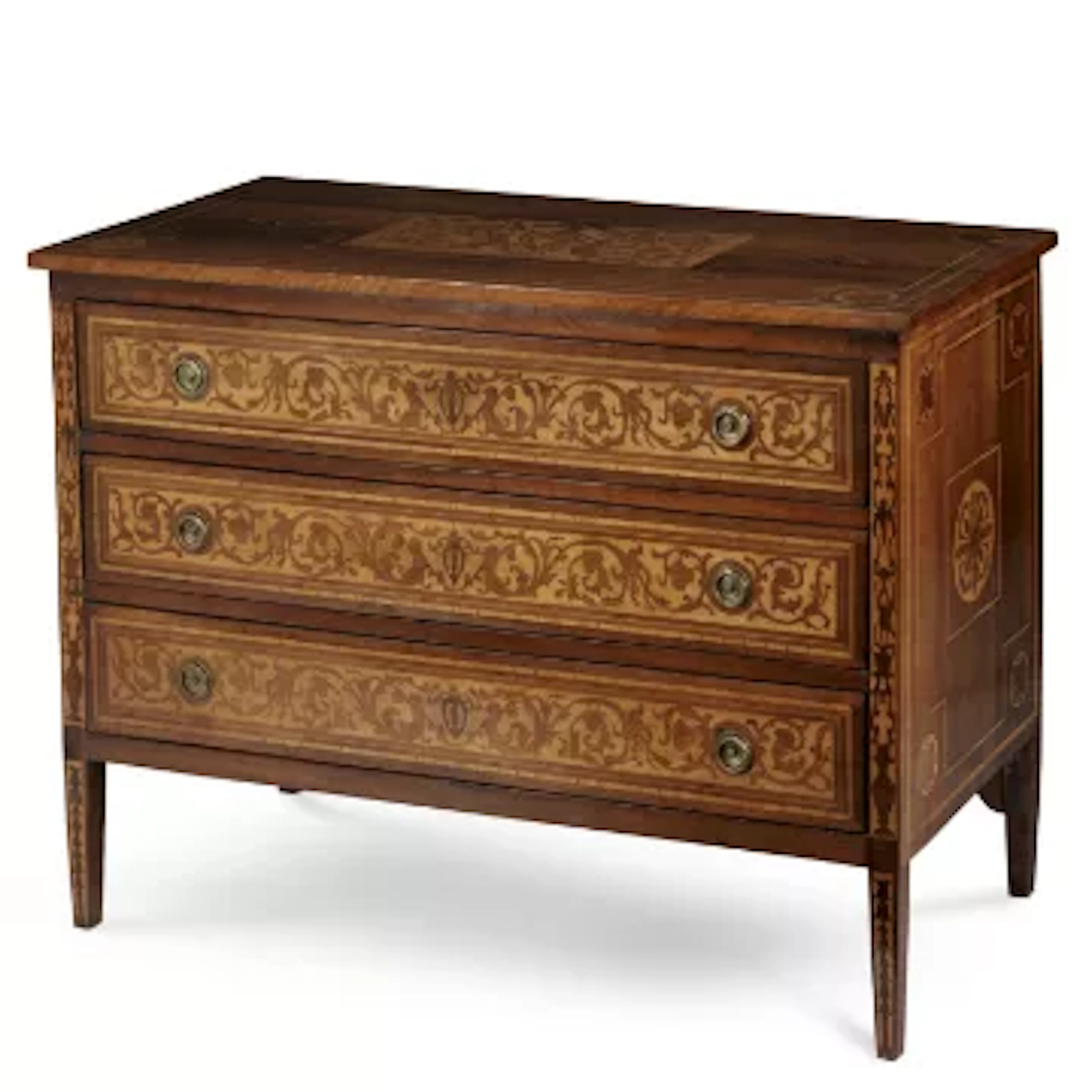 A WALNUT AND MARQUETRY COMMODE, PROBABLY LOMBARDY, SECOND HALF 18TH CENTURY