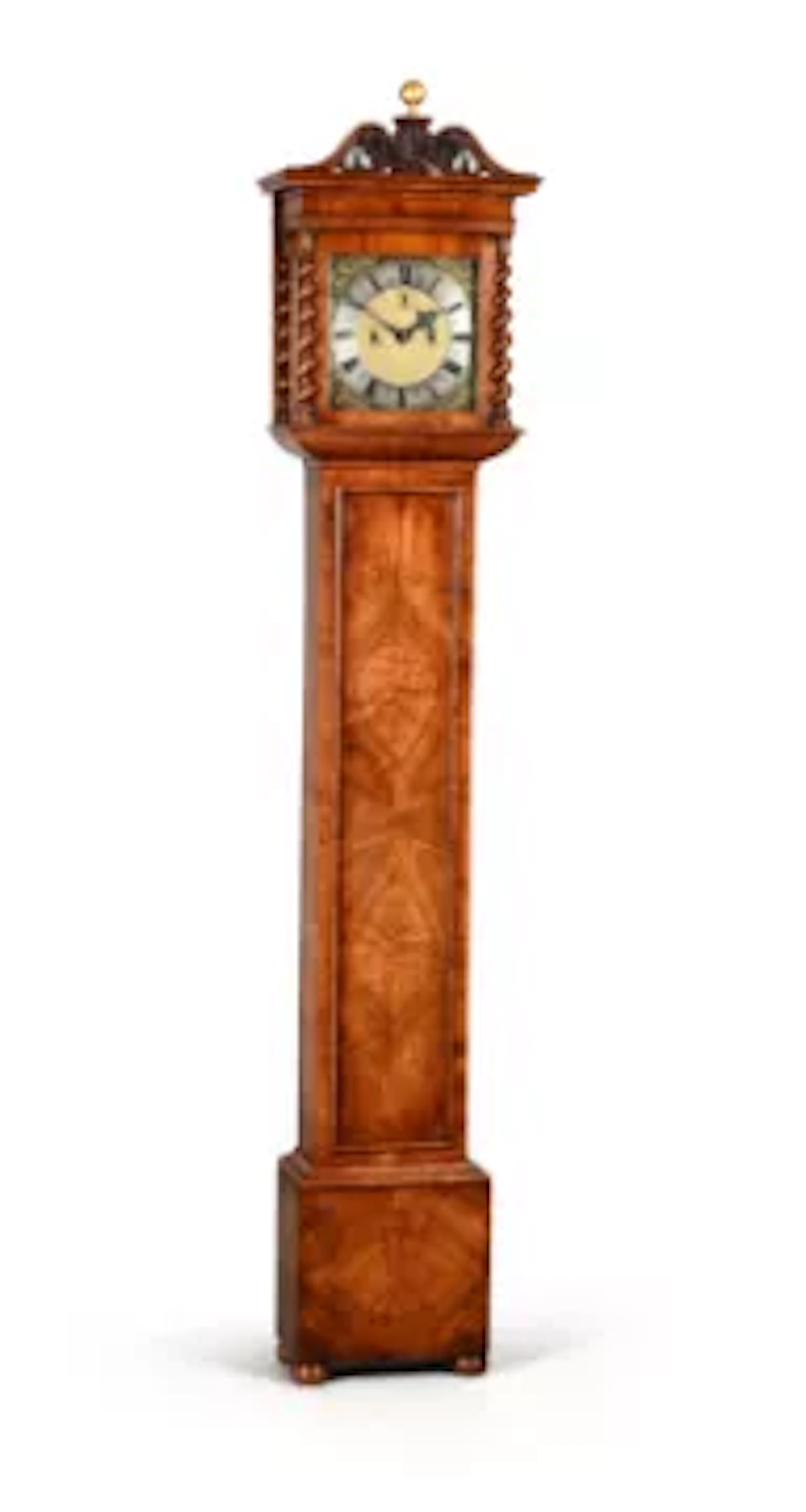 A WALNUT SMALL EIGHT-DAY LONGCASE CLOCK WITH FINE WILLIAM AND MARY