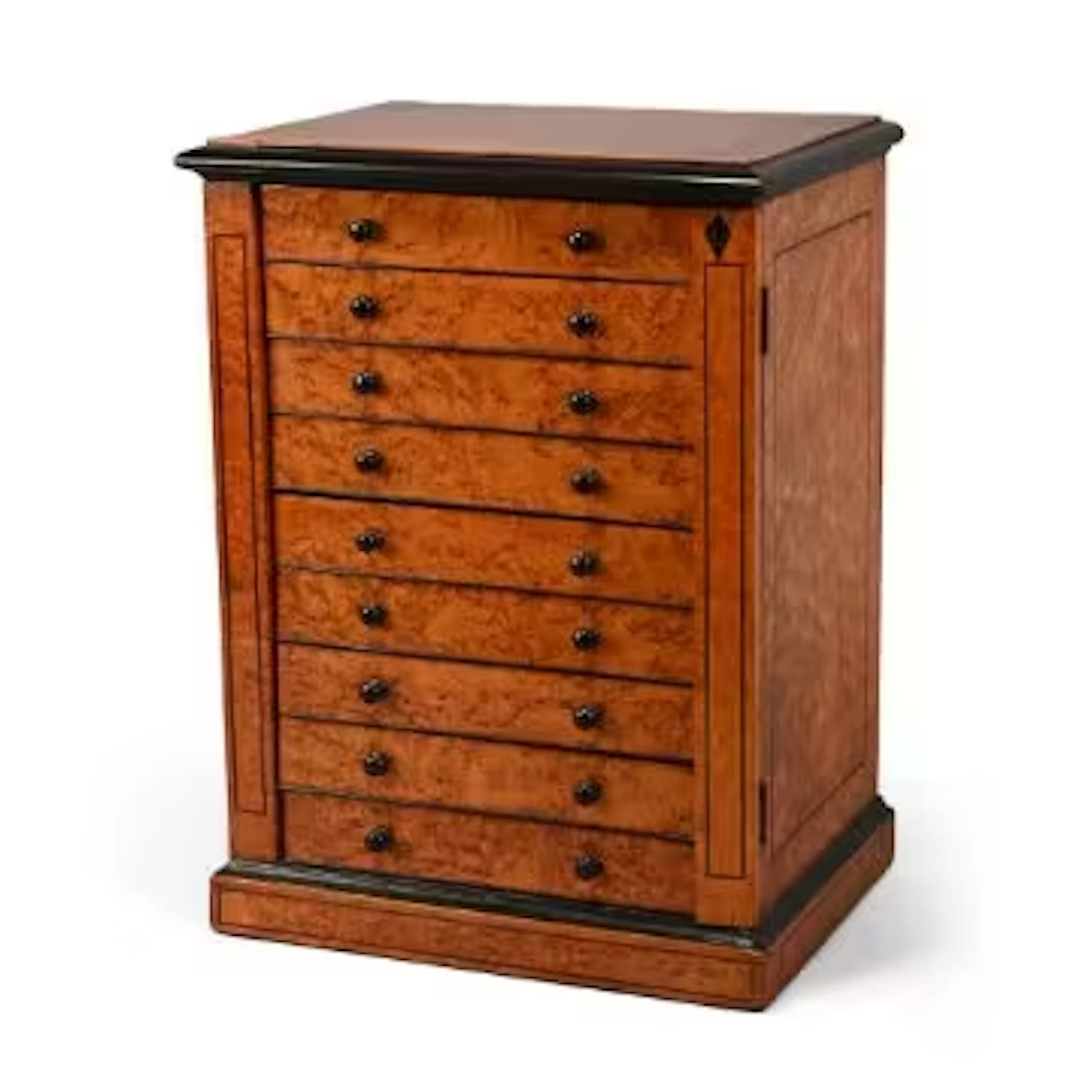 Y A VICTORIAN BIRDS EYE MAPLE, EBONY AND EBONISED MEDAL OR COLLECTOR'S