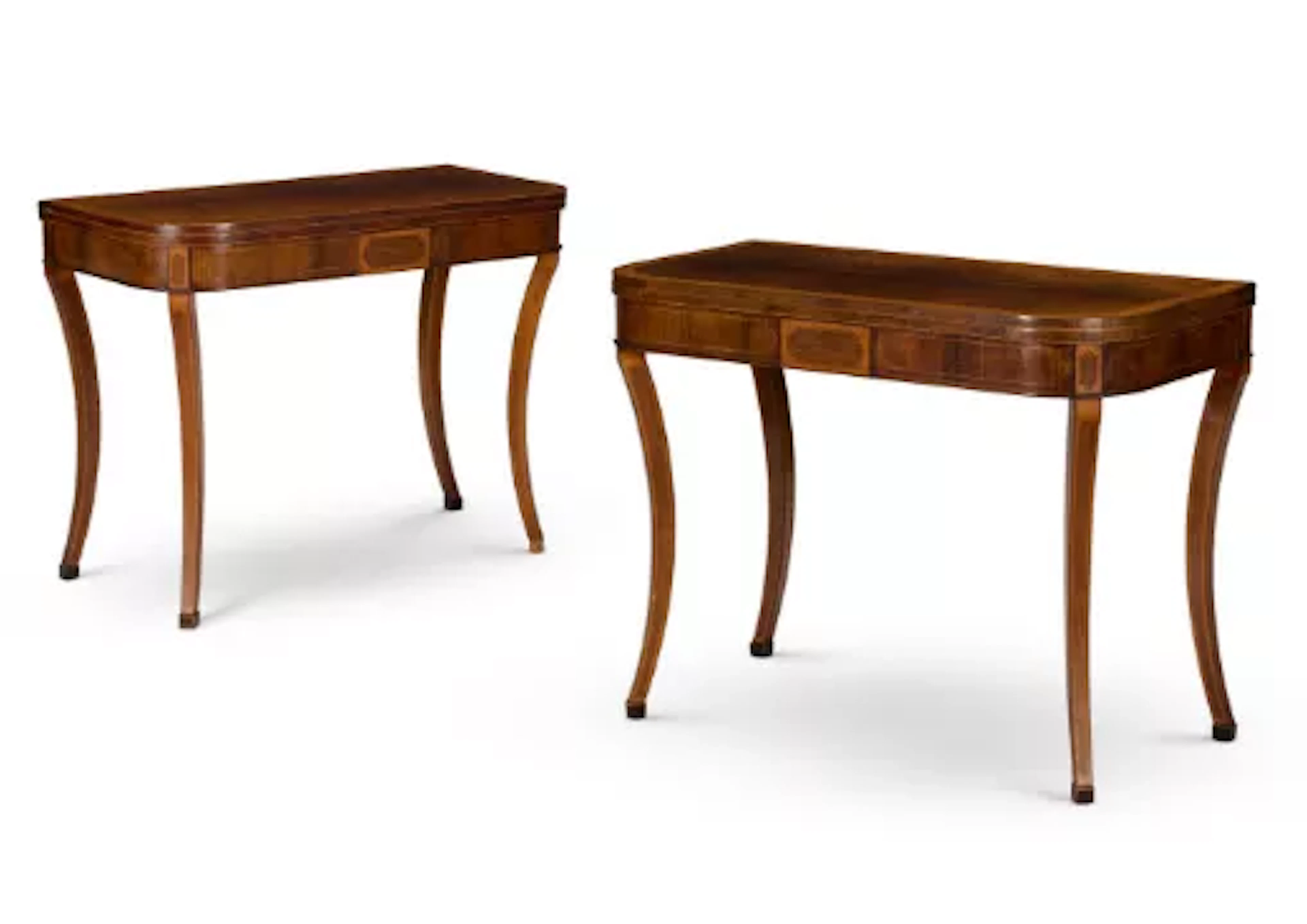Y A PAIR OF LATE GEORGE III BRAZILIAN ROSEWOOD AND SATINWOOD CROSSBANDED