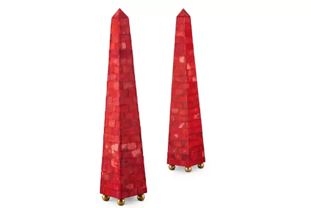 A PAIR OF BRASS MOUNTED COCHINEAL STAINED BONE AND WOOD OBELISKS