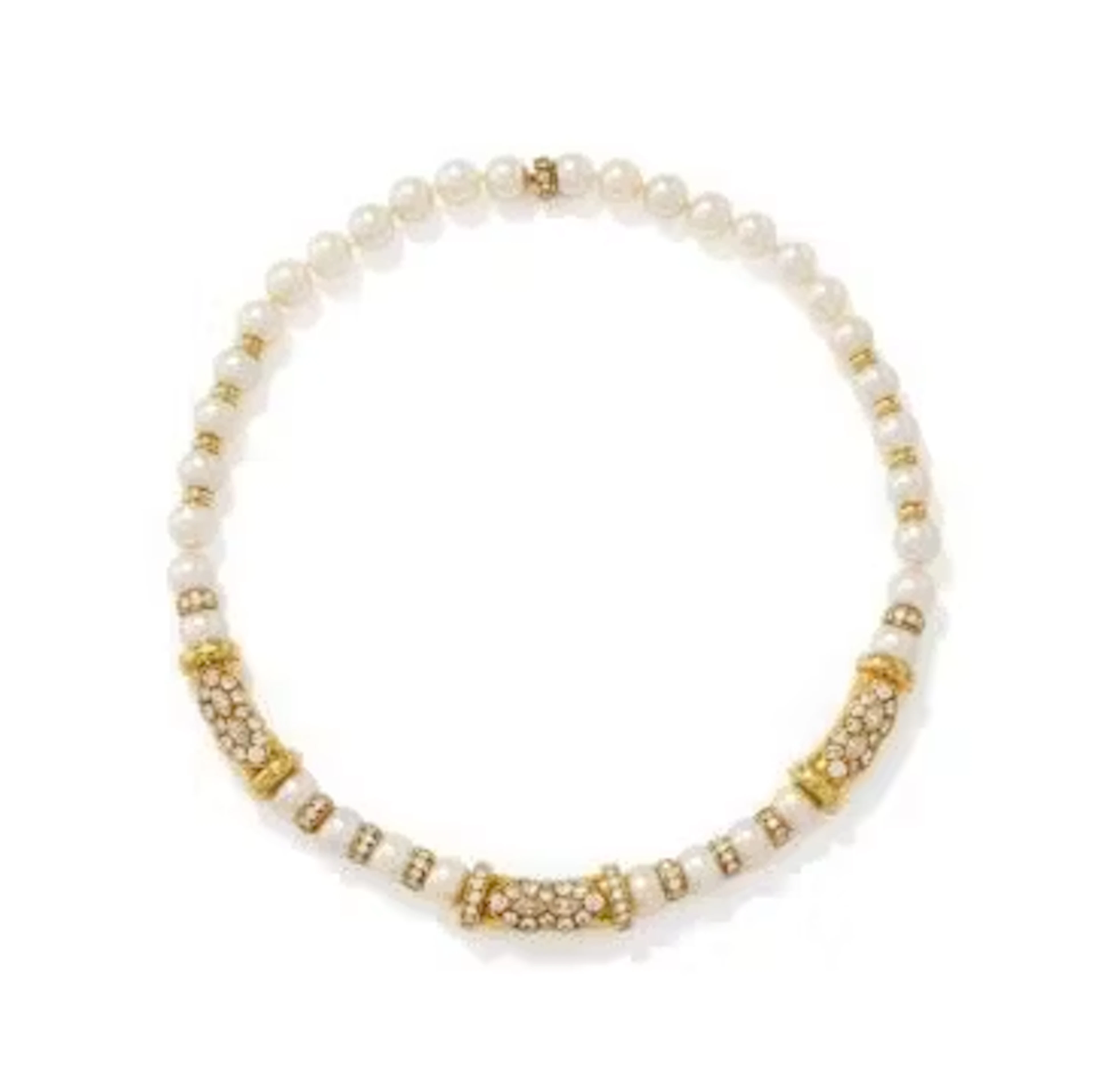 A CULTURED PEARL AND DIAMOND NECKLACE