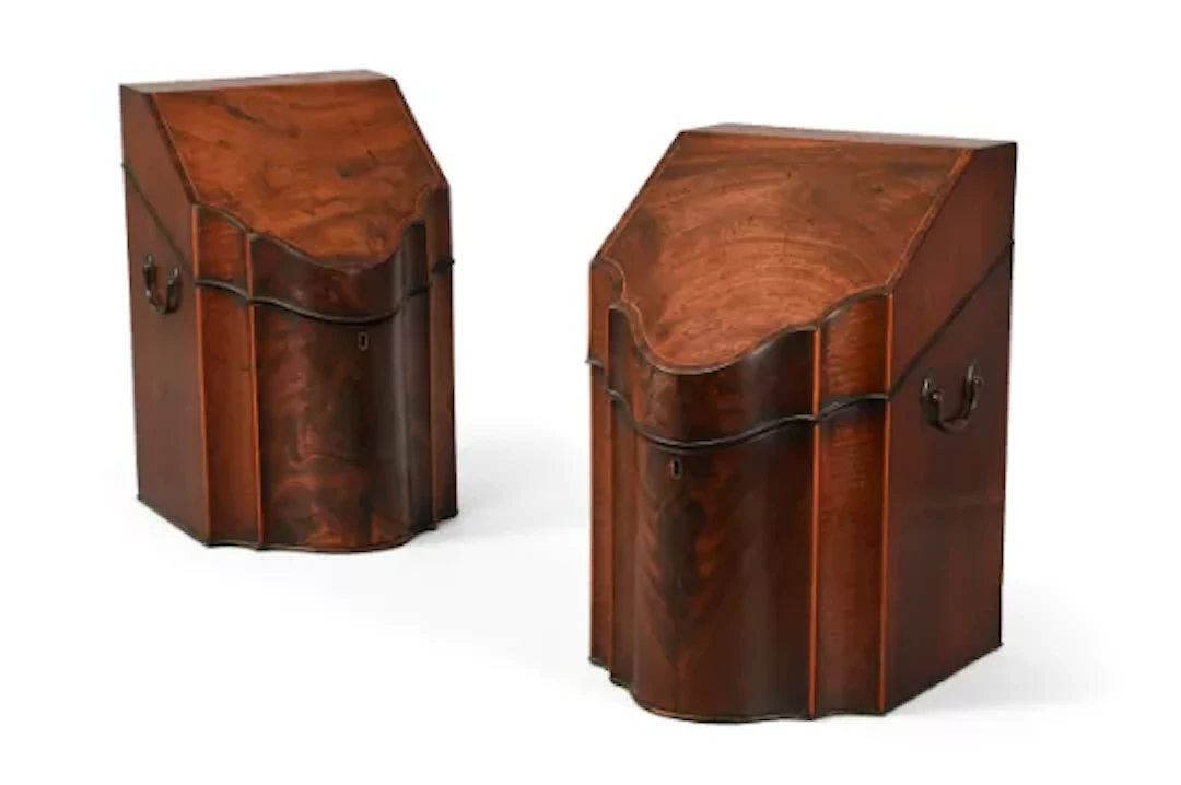 A PAIR OF GEORGE III MAHOGANY SERPENTINE FRONTED KNIFE BOXES, CIRCA 1780