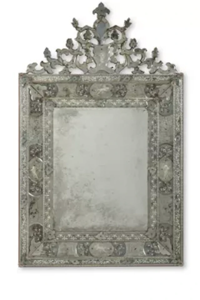 A VENETIAN PAINTED, ETCHED AND CUT GLASS MIRROR, NORTH ITALIAN, 19TH CENTURY