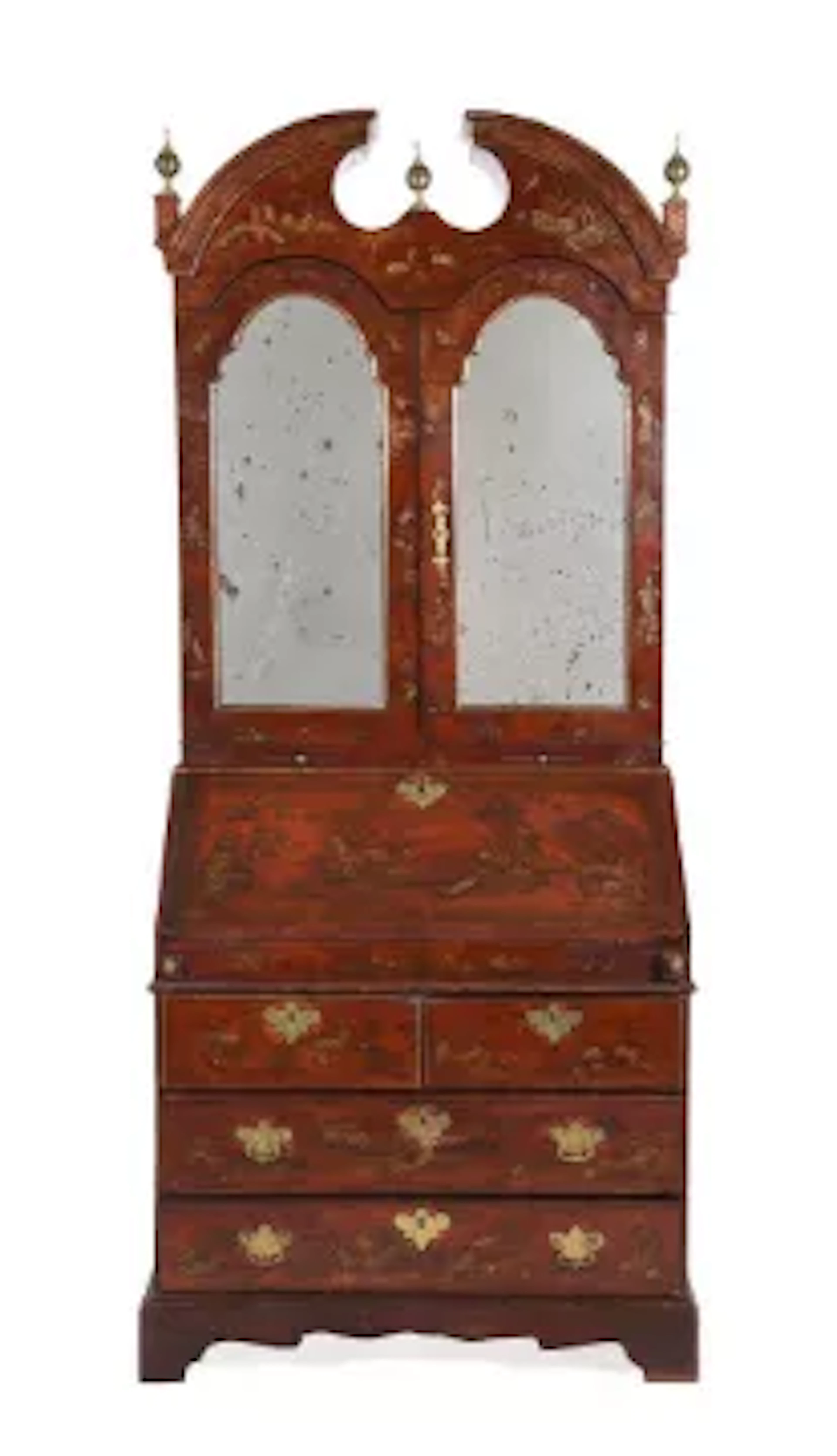 A RED LACQUER AND GILT CHINOISERIE DECORATED BUREAU BOOKCASE, CIRCA
