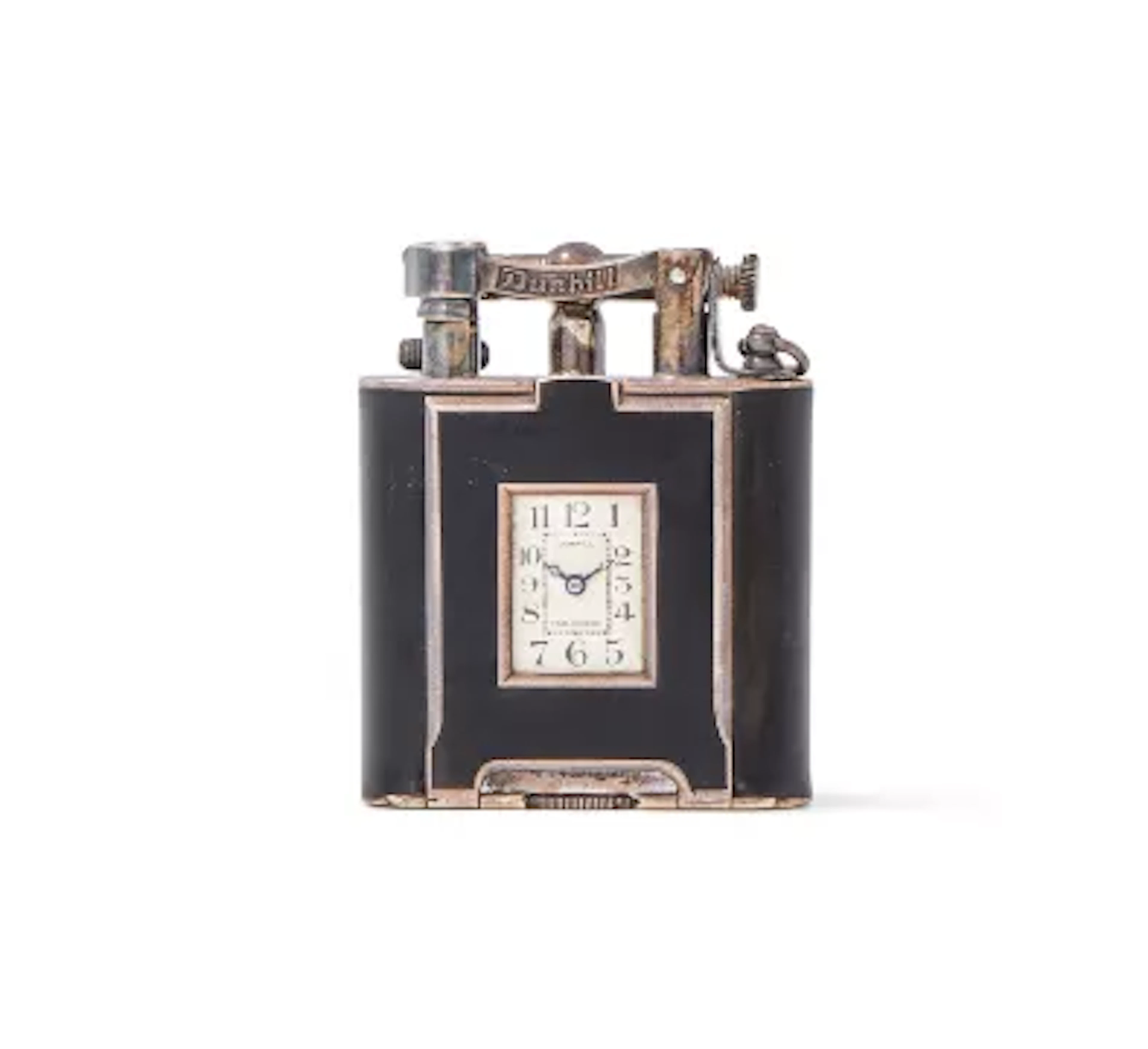 DUNHILL, A SILVER AND BLACK ENAMEL COMBINATION WATCH AND LIGHTER