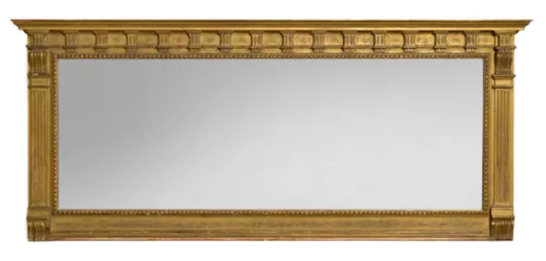 A CARVED WOOD AND GILT GESSO OVERMANTEL MIRROR, IN REGENCY STYLE