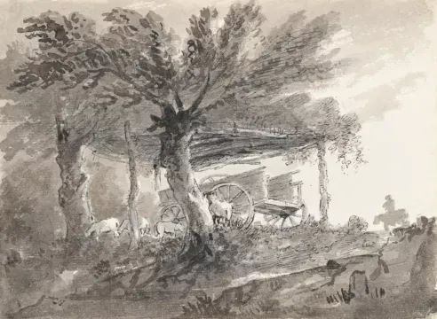 SIR GEORGE BEAUMONT (BRITISH 1753-1827), AN OLD CART, UNDER A SHELTER