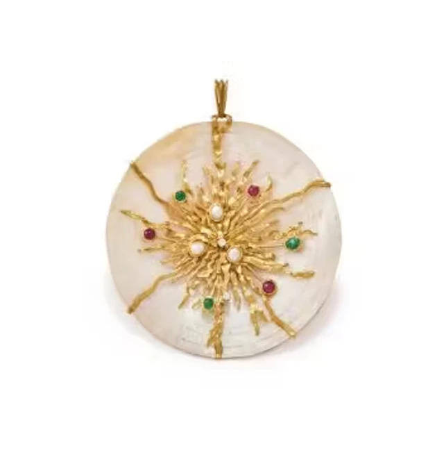 Y A MOTHER-OF-PEARL AND GEM SET PENDANT