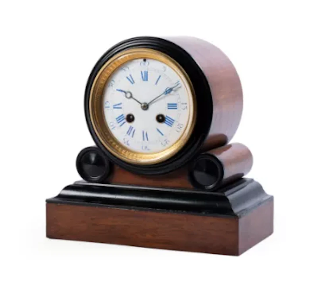A WALNUT AND EBONISED MANTEL CLOCK, FRENCH, CIRCA 1900