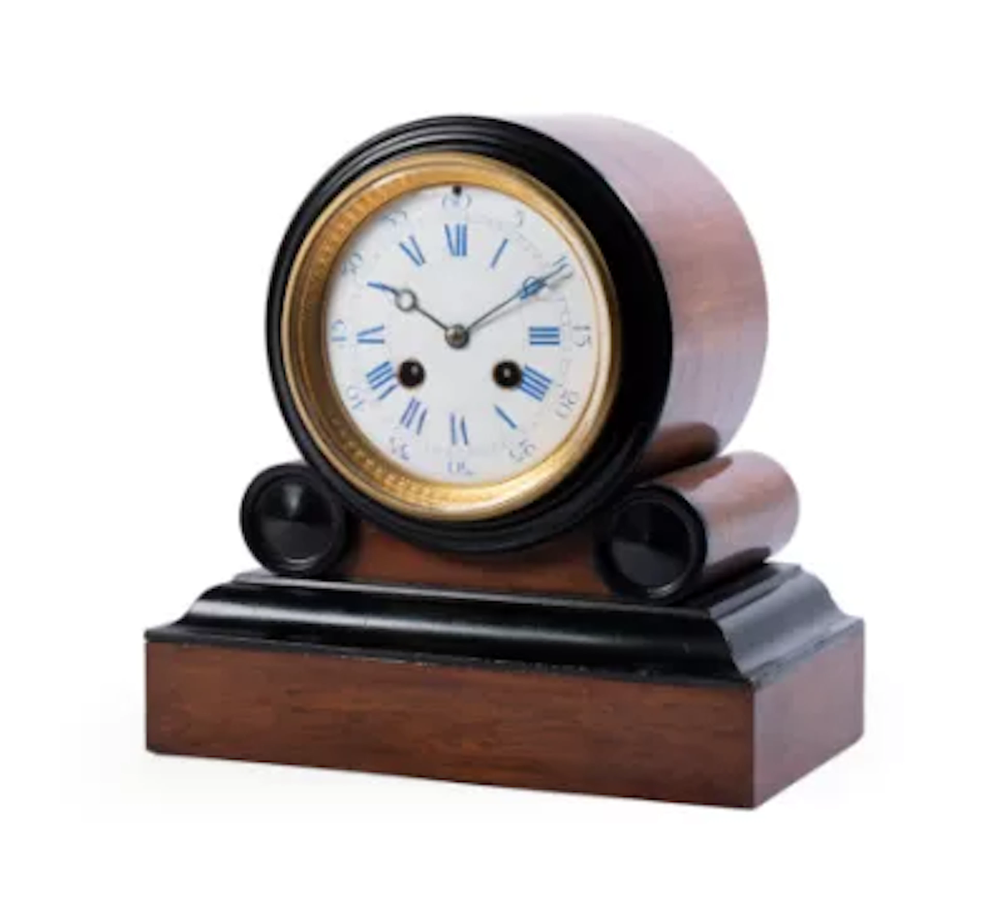 A WALNUT AND EBONISED MANTEL CLOCK, FRENCH, CIRCA 1900