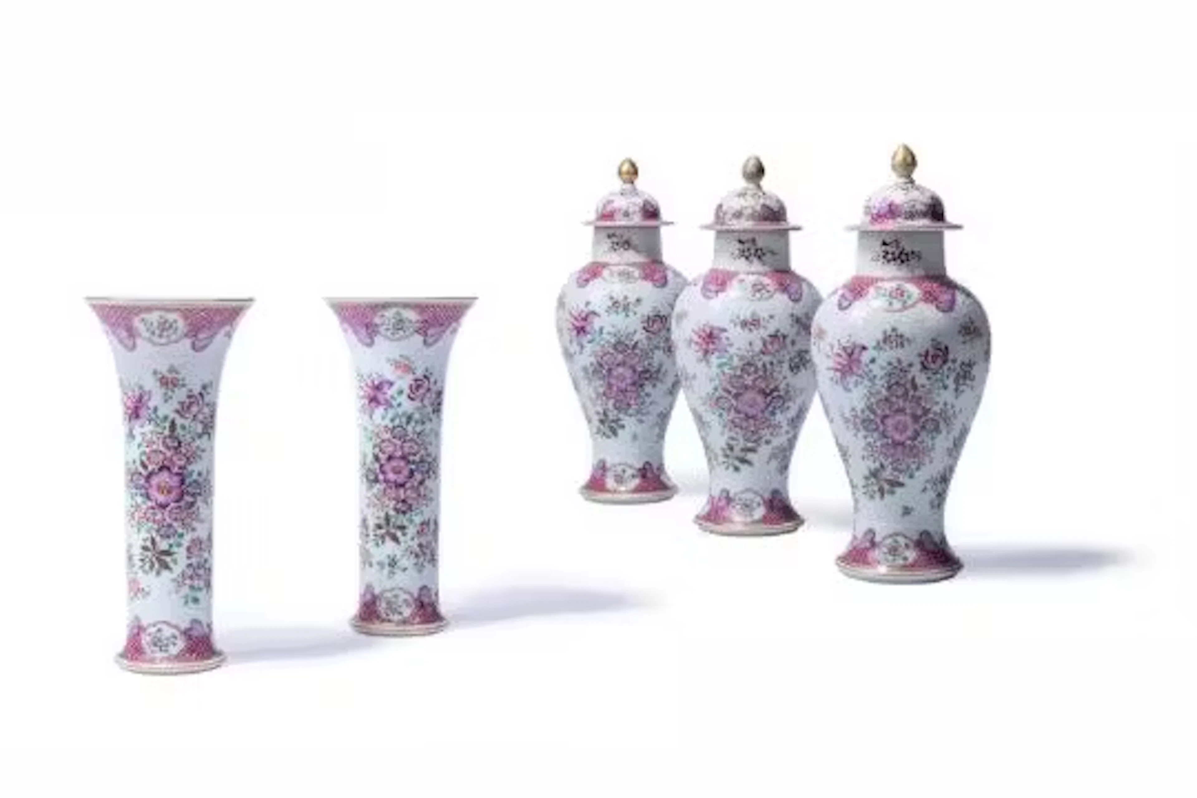 A CHINESE EXPORT FAMILLE ROSE FIVE-PIECE GARNITURE, QIANLONG