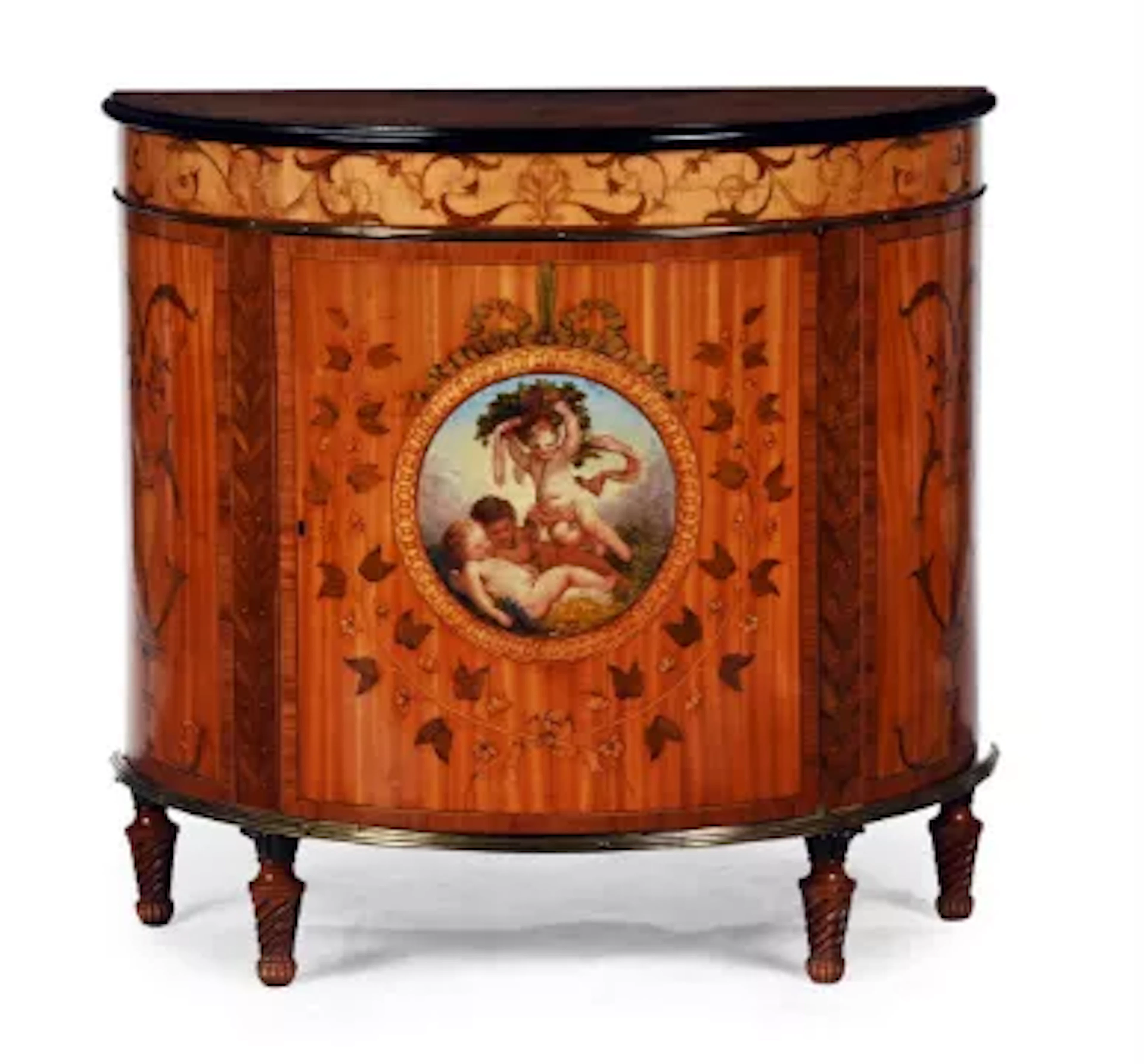 Y A GEORGE III SATINWOOD, TULIPWOOD, BRASS MOUNTED AND SPECIMENT FLORAL