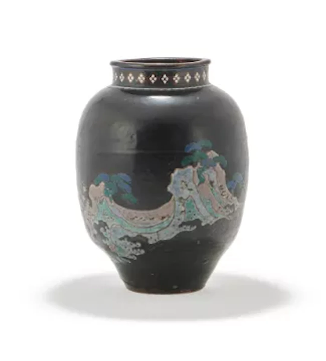 A Japanese pottery vase decorated on the black glazed ground in Kyo-yaki