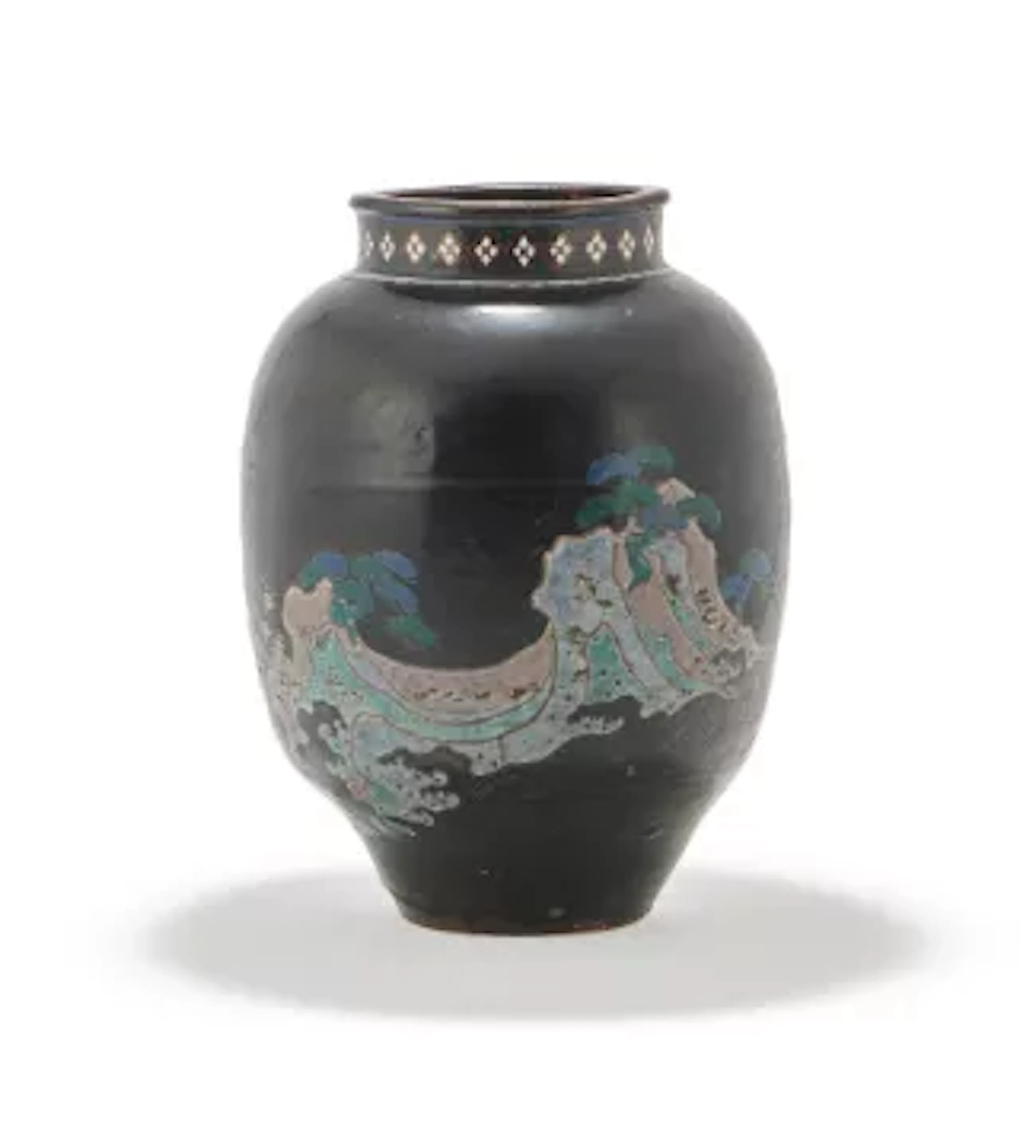 A Japanese pottery vase decorated on the black glazed ground in Kyo-yaki