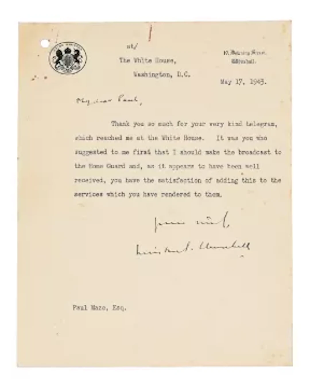 CHURCHILL, Sir Winston (1874-1965), typed letter, signed (Winston S.Churchill)