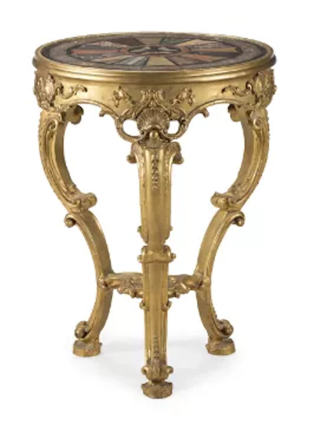 A GEORGE IV CARVED GILTWOOD, GESSO AND SPECIMEN MARBLE INSET CENTRE