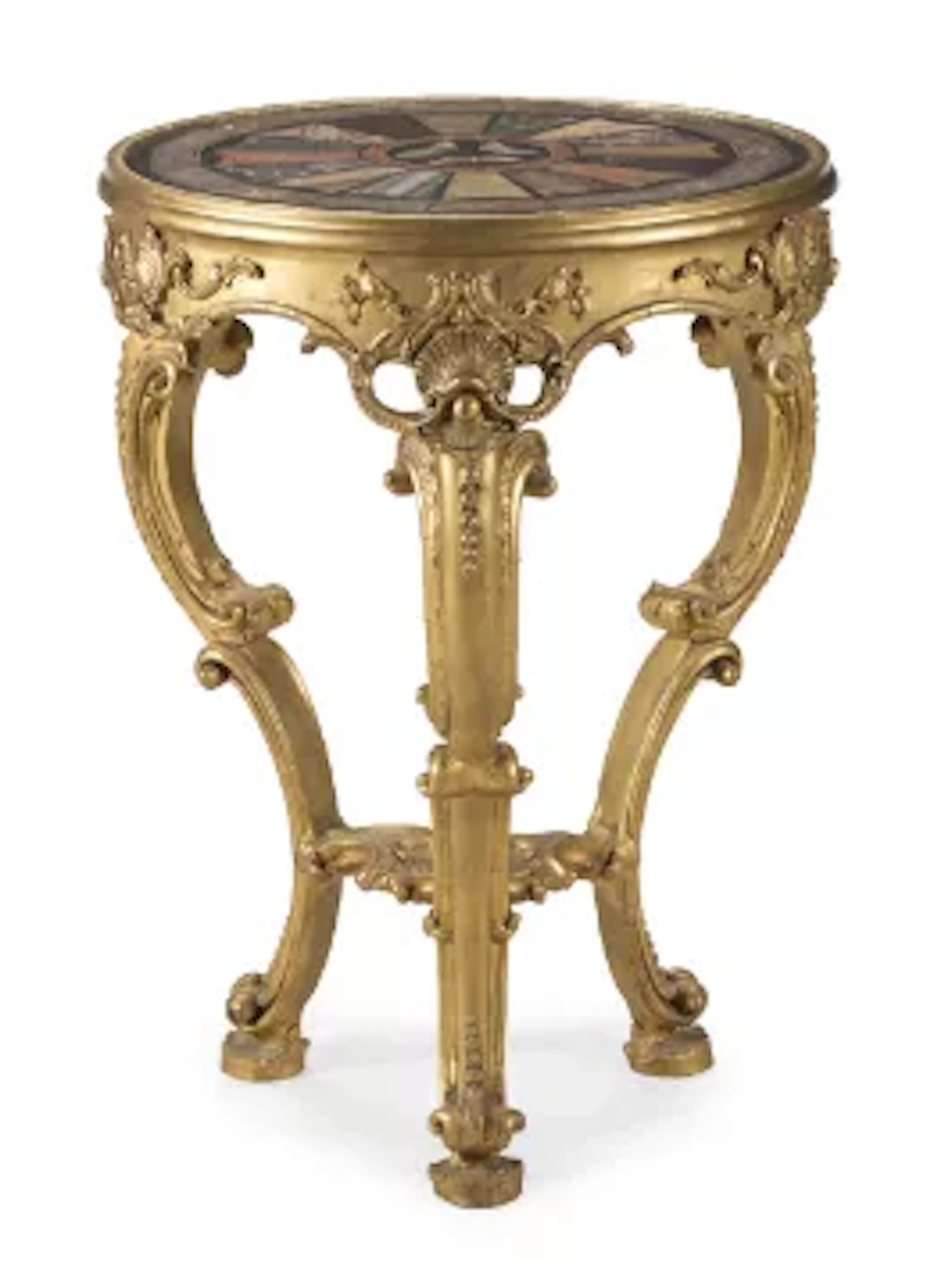 A GEORGE IV CARVED GILTWOOD, GESSO AND SPECIMEN MARBLE INSET CENTRE