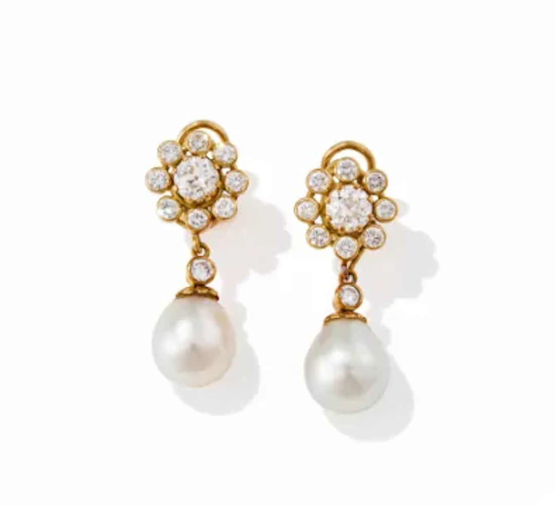 A PAIR OF CULTURED PEARL AND DIAMOND EARRINGS