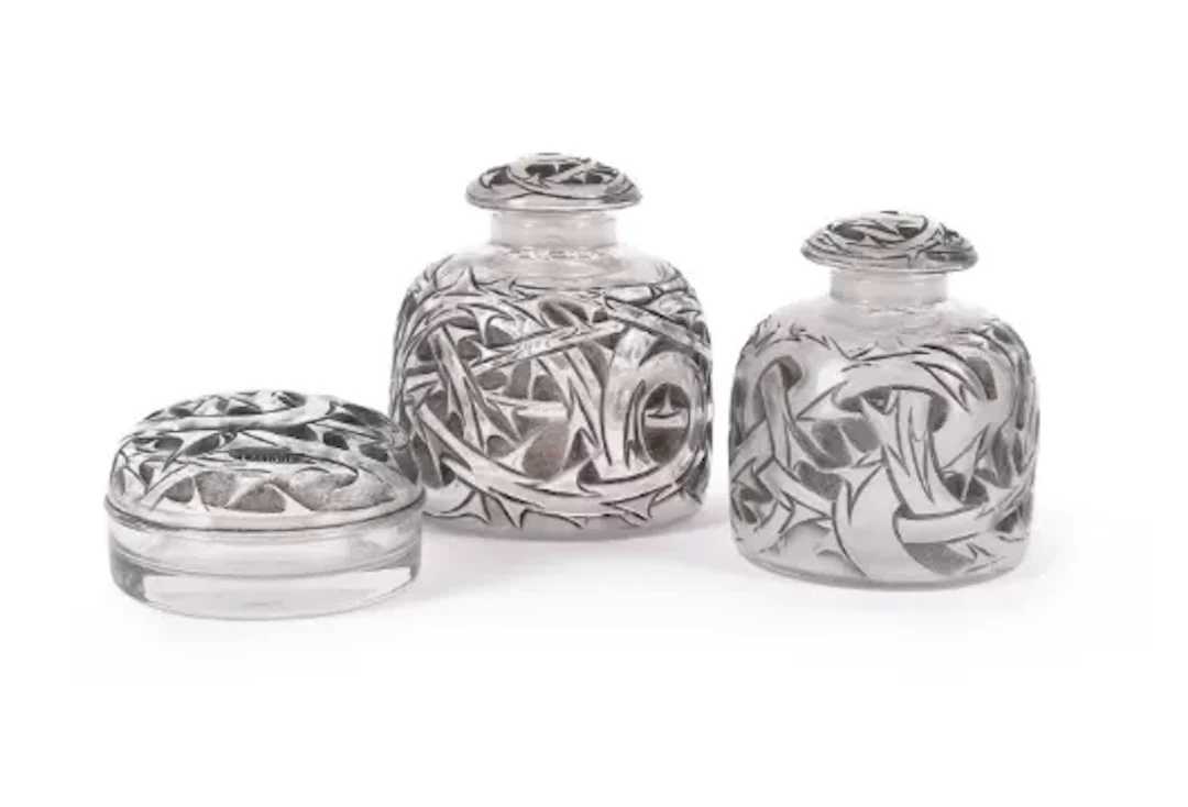 RENÉ LALIQUE (FRENCH, 1860-1945), TWO 'ÉPINES' SCENT BOTTLES AND CONTAINER