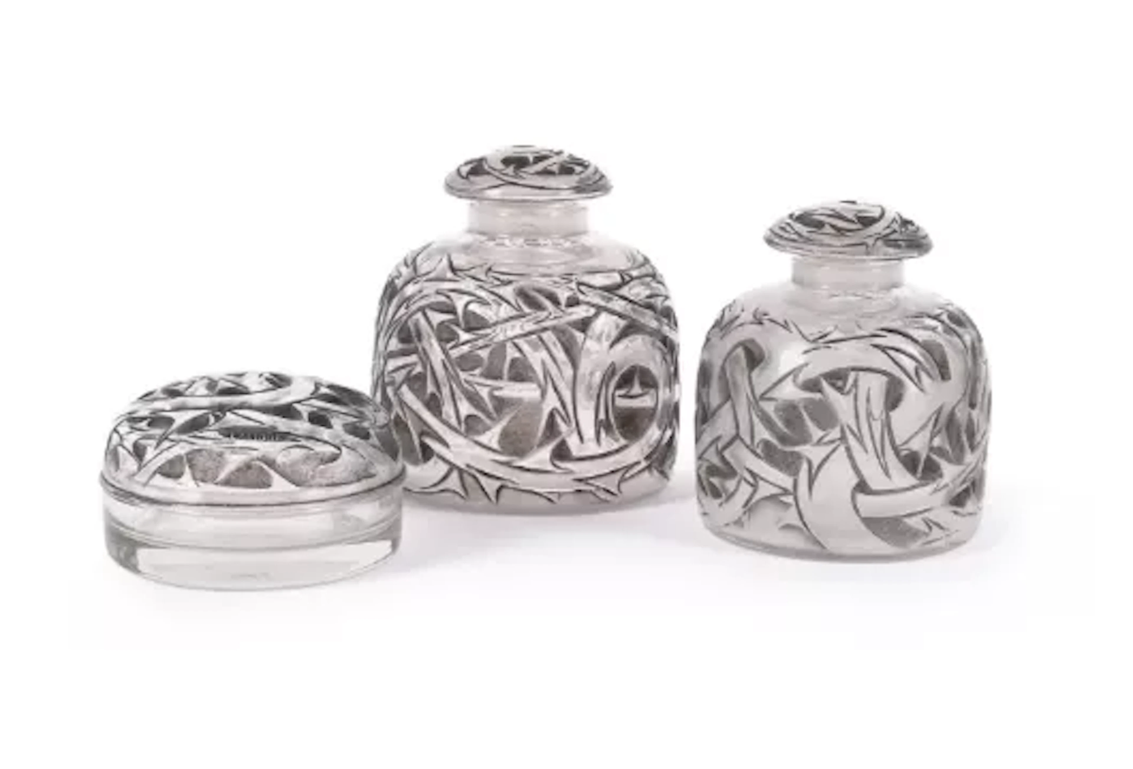 RENÉ LALIQUE (FRENCH, 1860-1945), TWO 'ÉPINES' SCENT BOTTLES AND CONTAINER