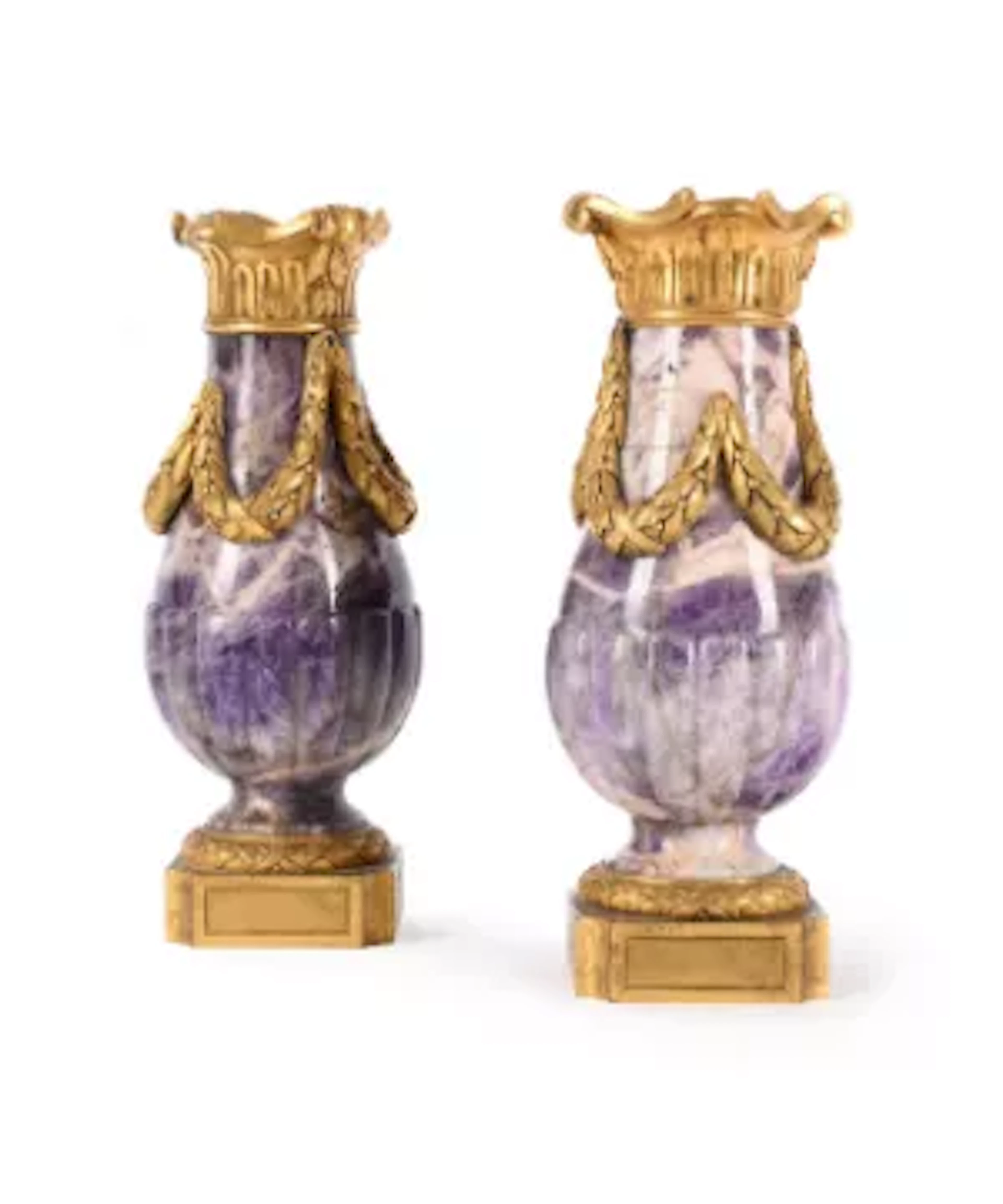 A PAIR OF ORMOLU MOUNTED AMETHYST VASES, FRENCH, CIRCA 1760-1780 AND LATER