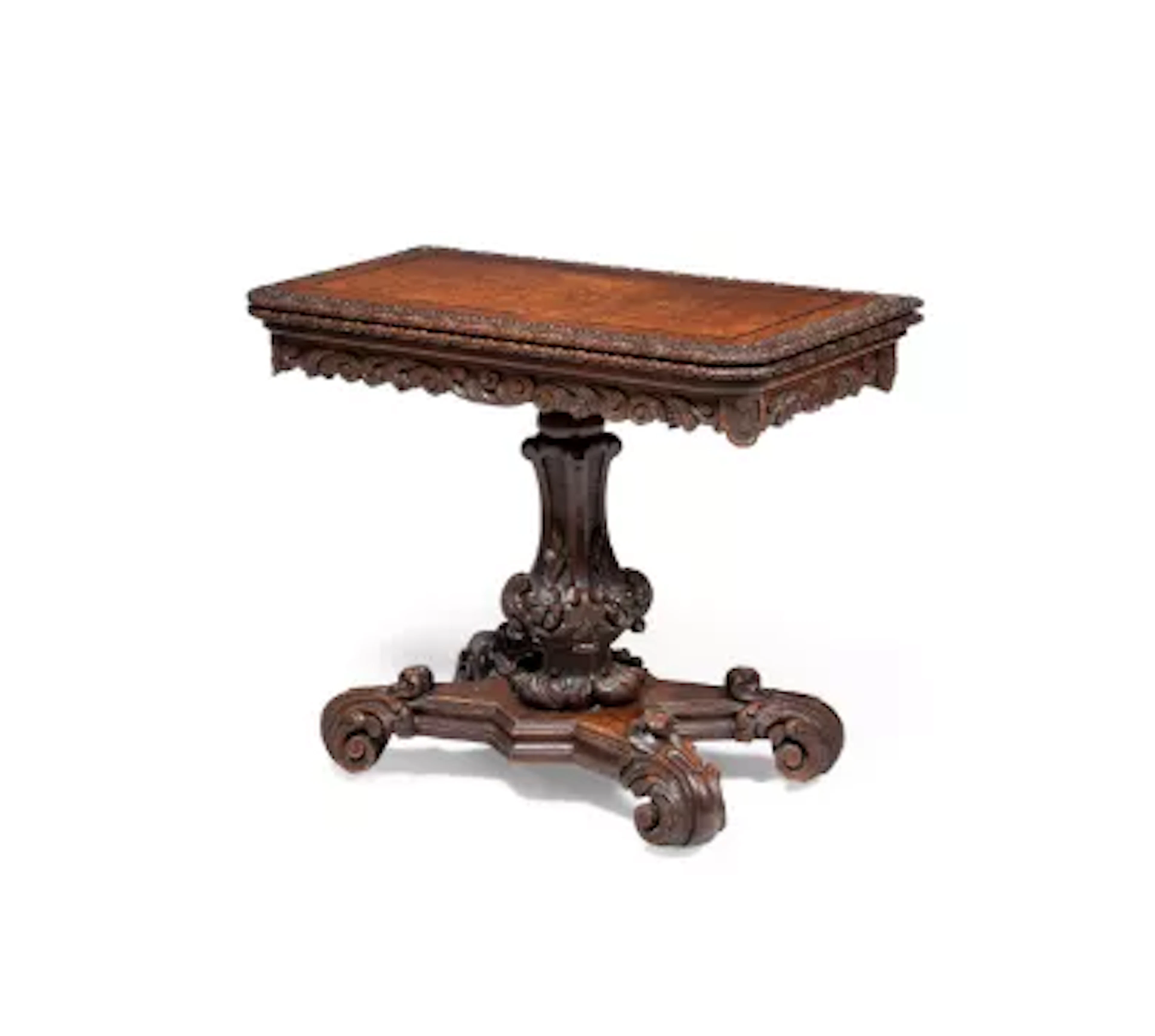 A VICTORIAN CARVED OAK, POLLARD OAK AND COROMANDEL BANDED CARD TABLE