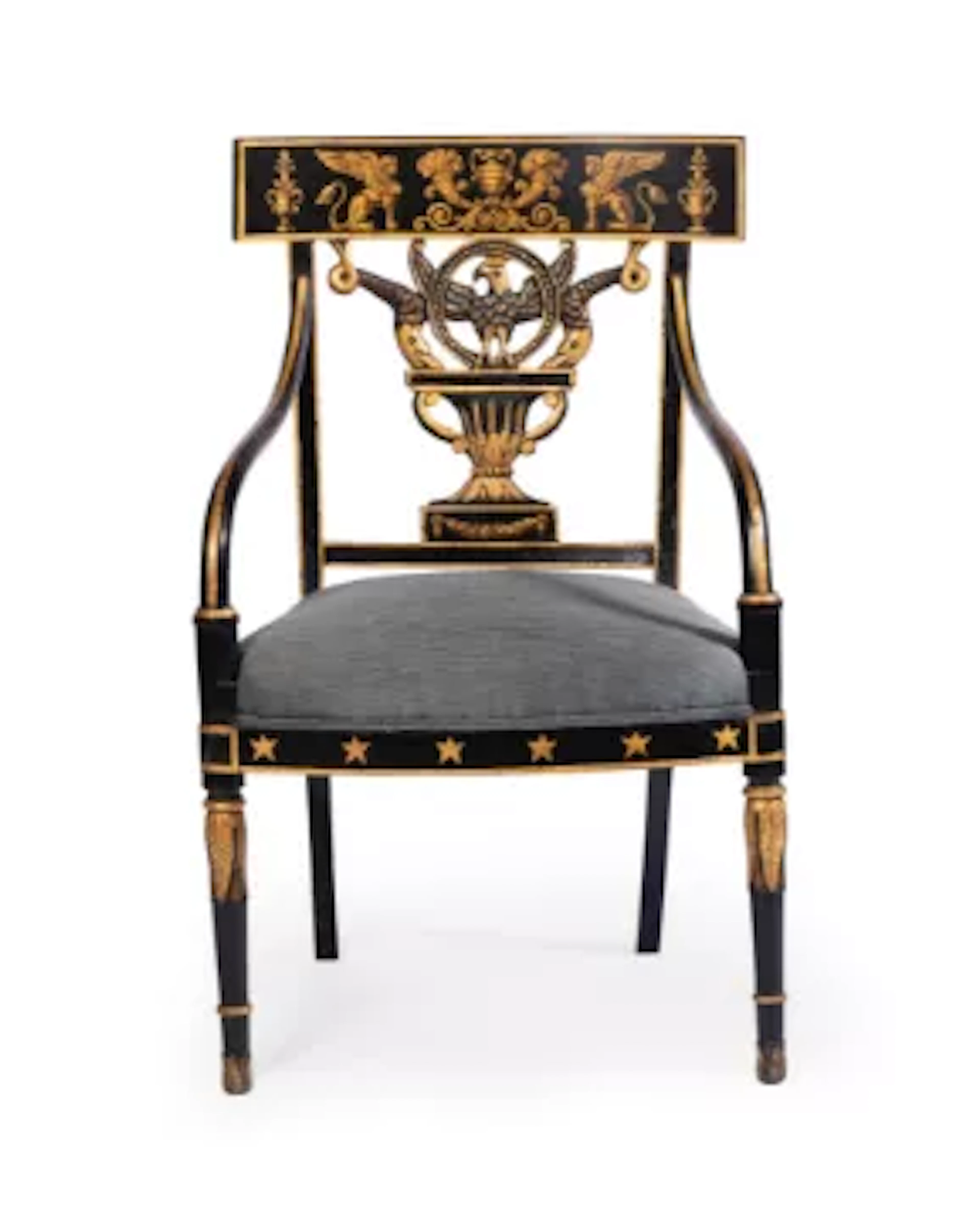 A REGENCY EBONISED AND PARCEL GILT ARMCHAIR, EARLY 19TH CENTURY