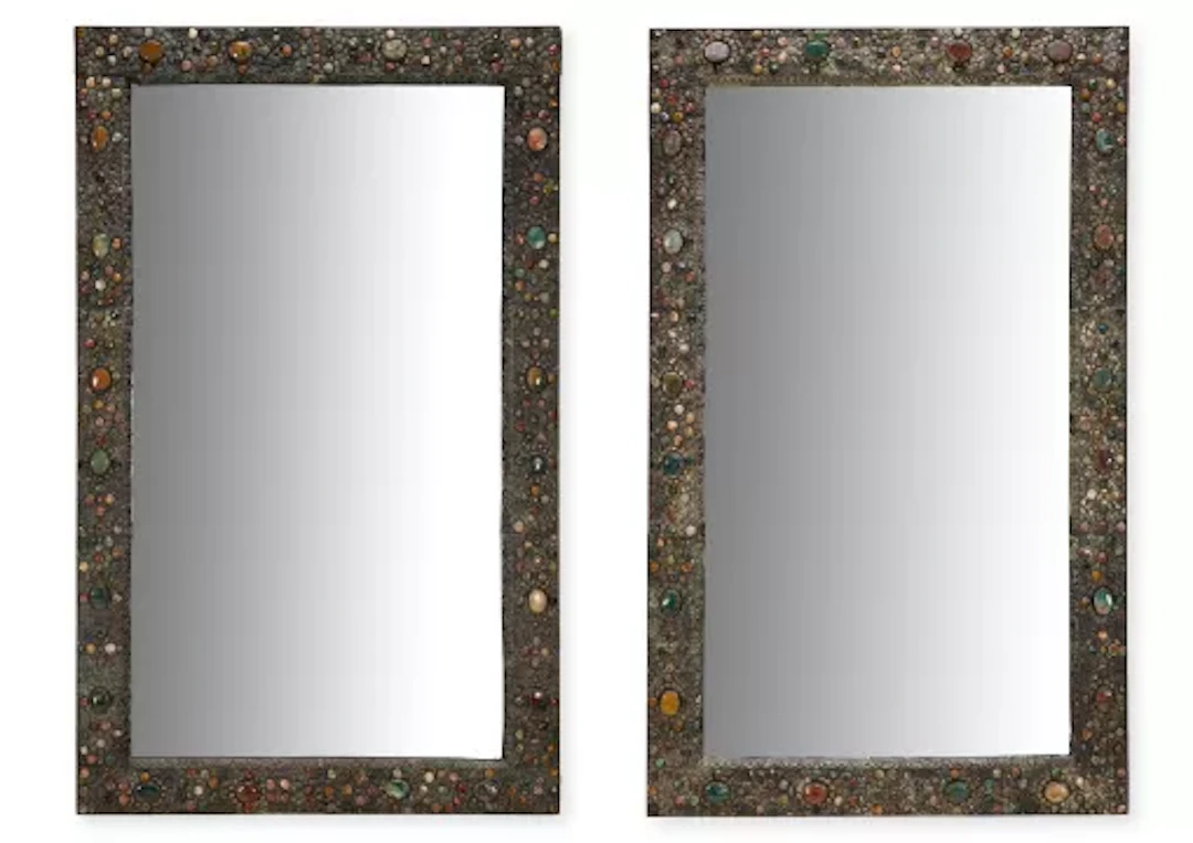 A PAIR OF HARDSTONE DECORATED AND FOLIATE METAL FILIGREE FRAMED MIRRORS
