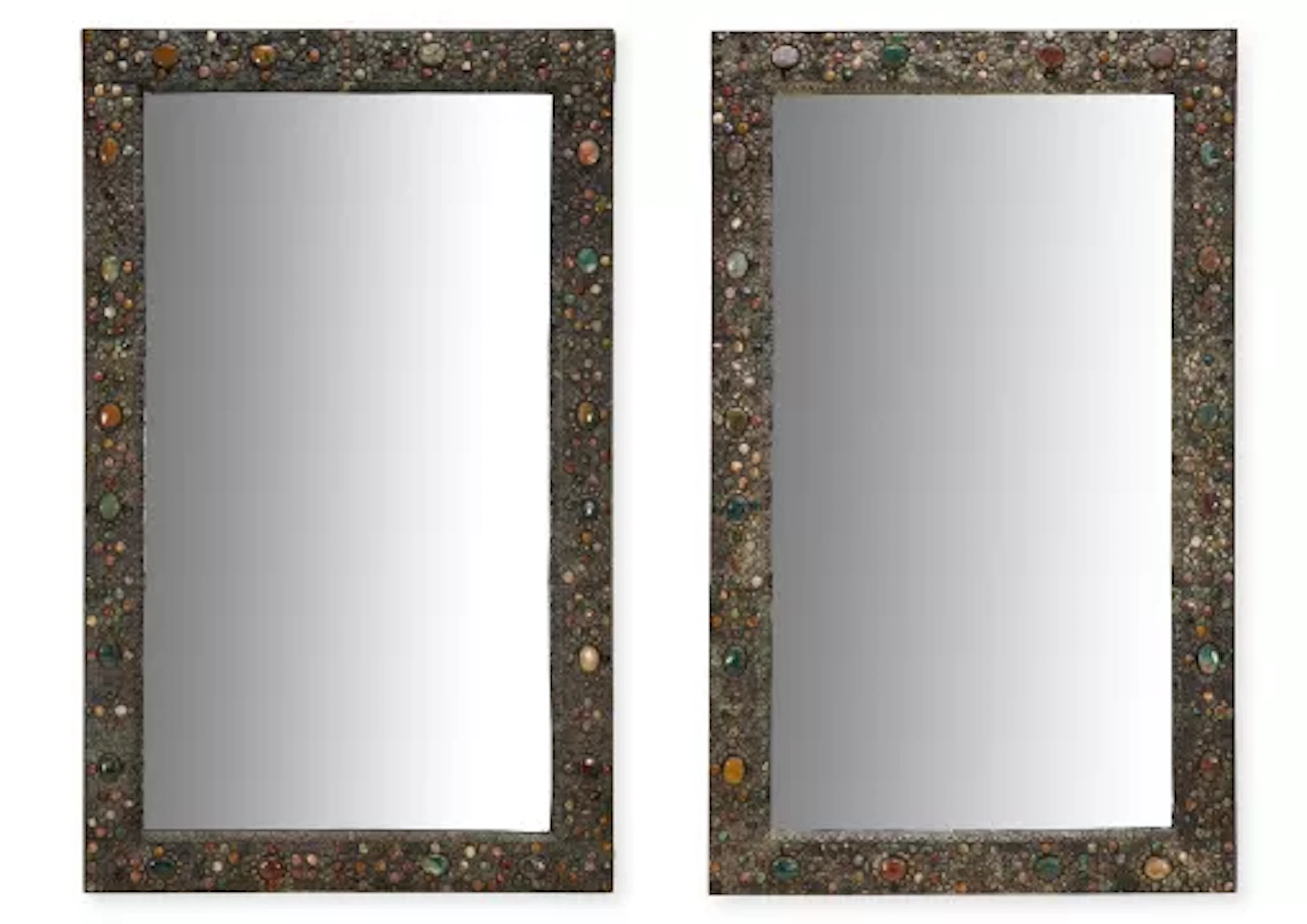 A PAIR OF HARDSTONE DECORATED AND FOLIATE METAL FILIGREE FRAMED MIRRORS