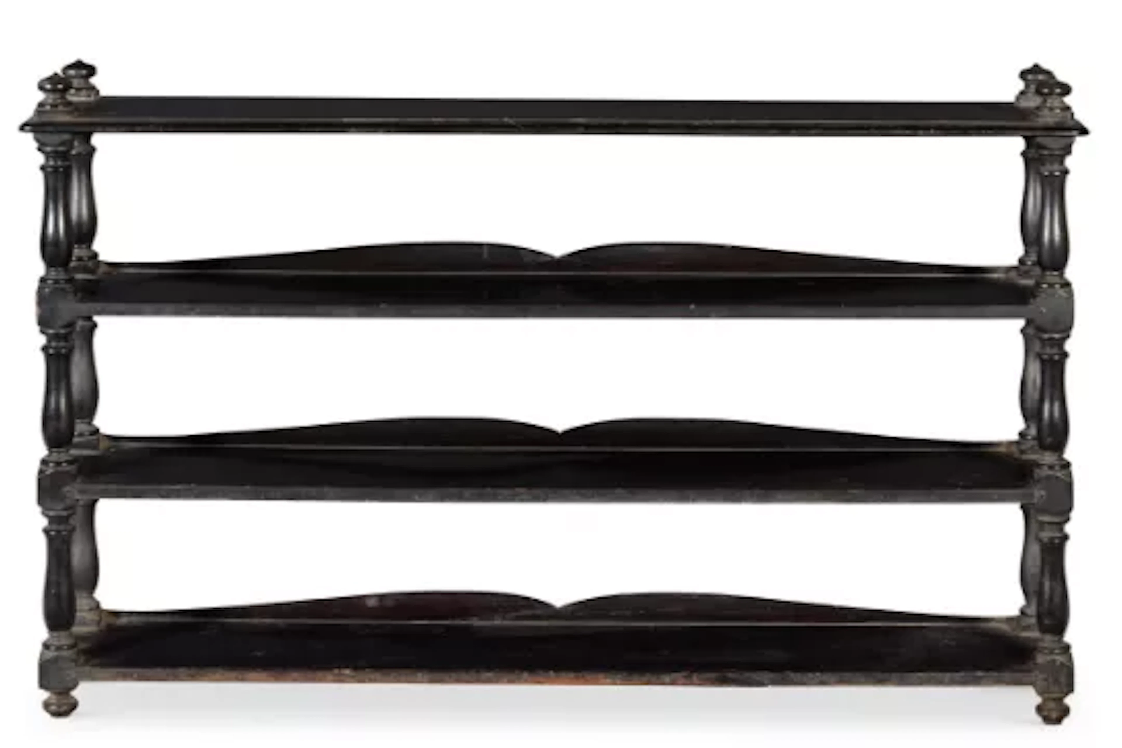 A SET OF EBONISED THREE-TIER OPEN SHELVES, CIRCA 1900