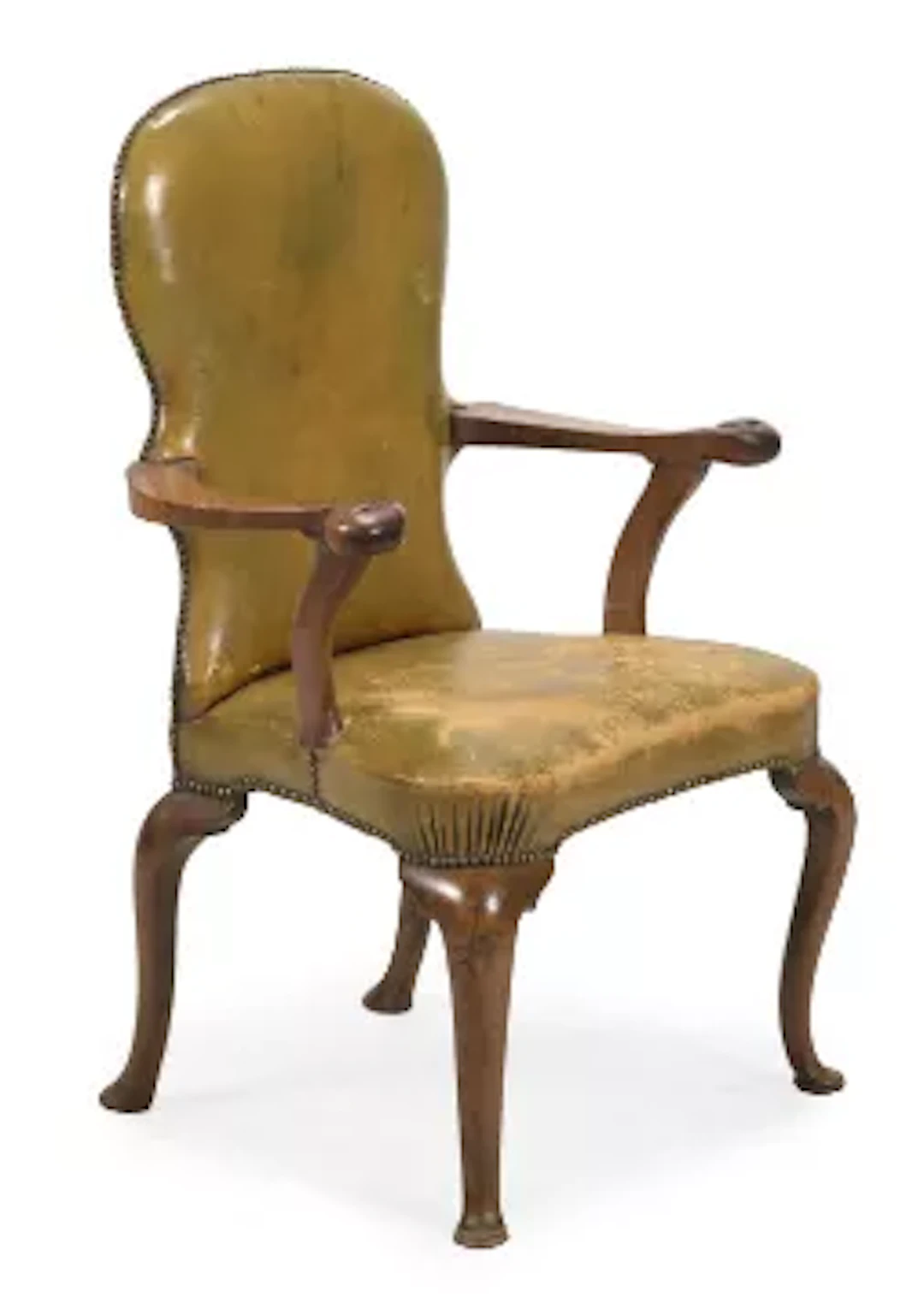 A GEORGE I WALNUT AND GREEN LEATHER UPHOLSTERED ARMCHAIR, CIRCA 1725