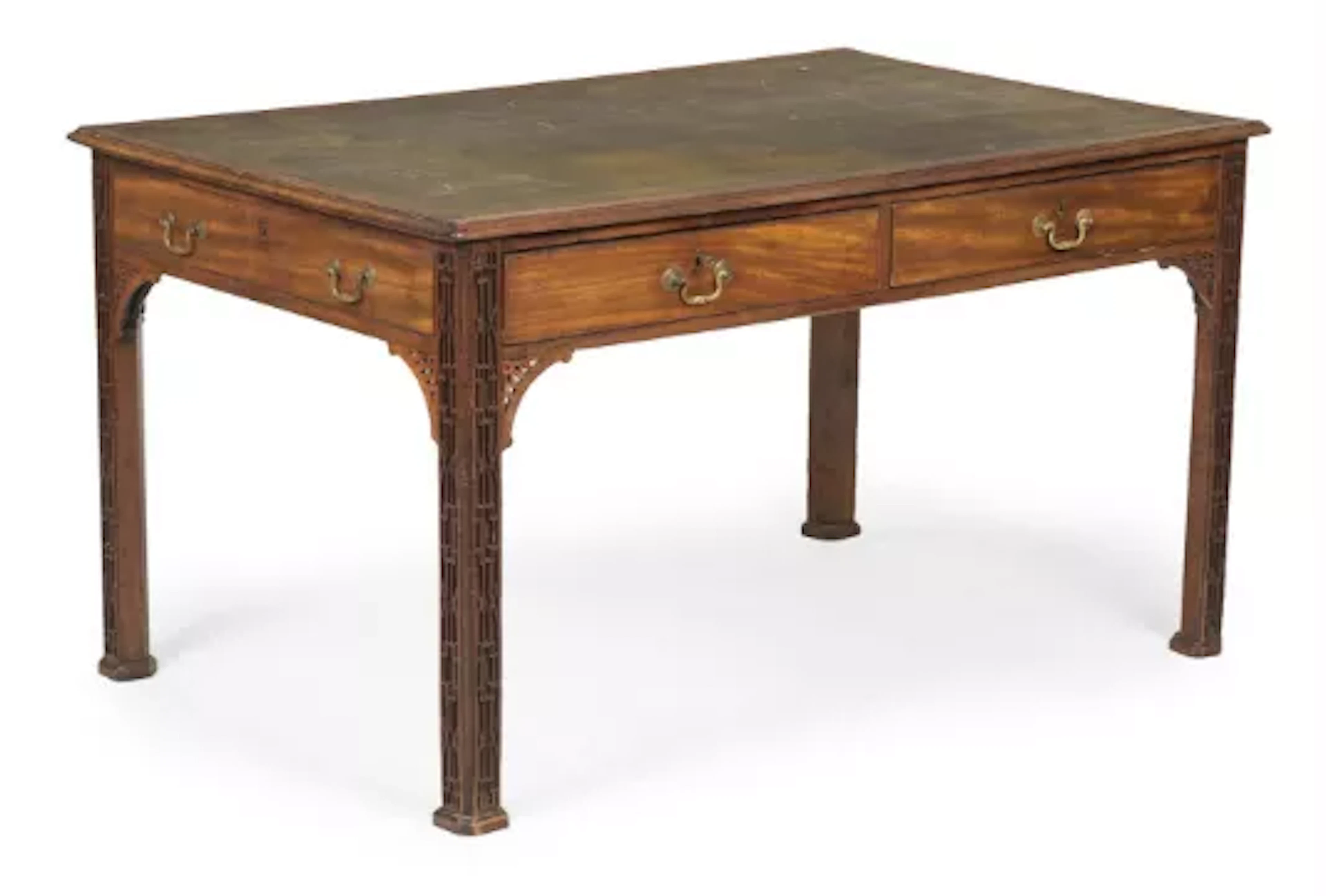 A GEORGE III MAHOGANY AND FRET CARVED LIBRARY TABLE, IN THE MANNER