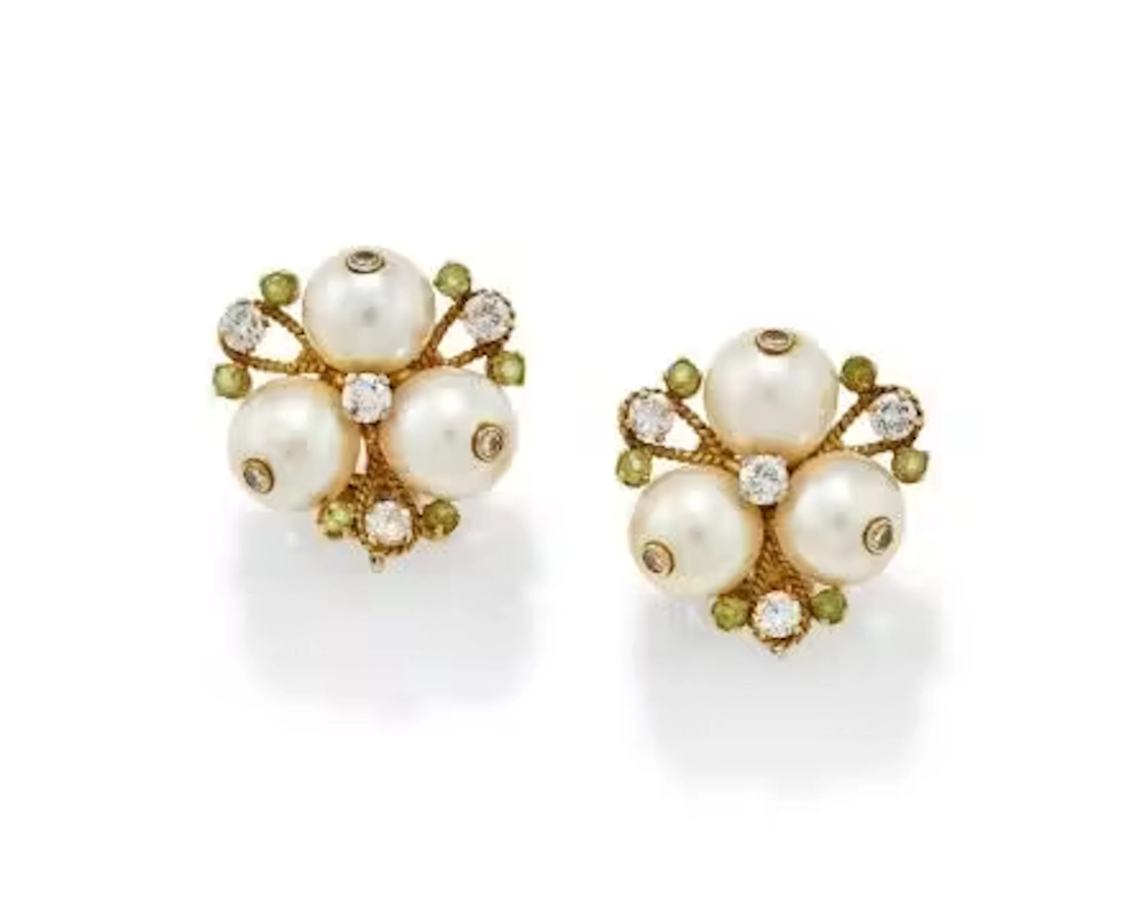 A PAIR OF CULTURED PEARL AND GEM SET EARRINGS